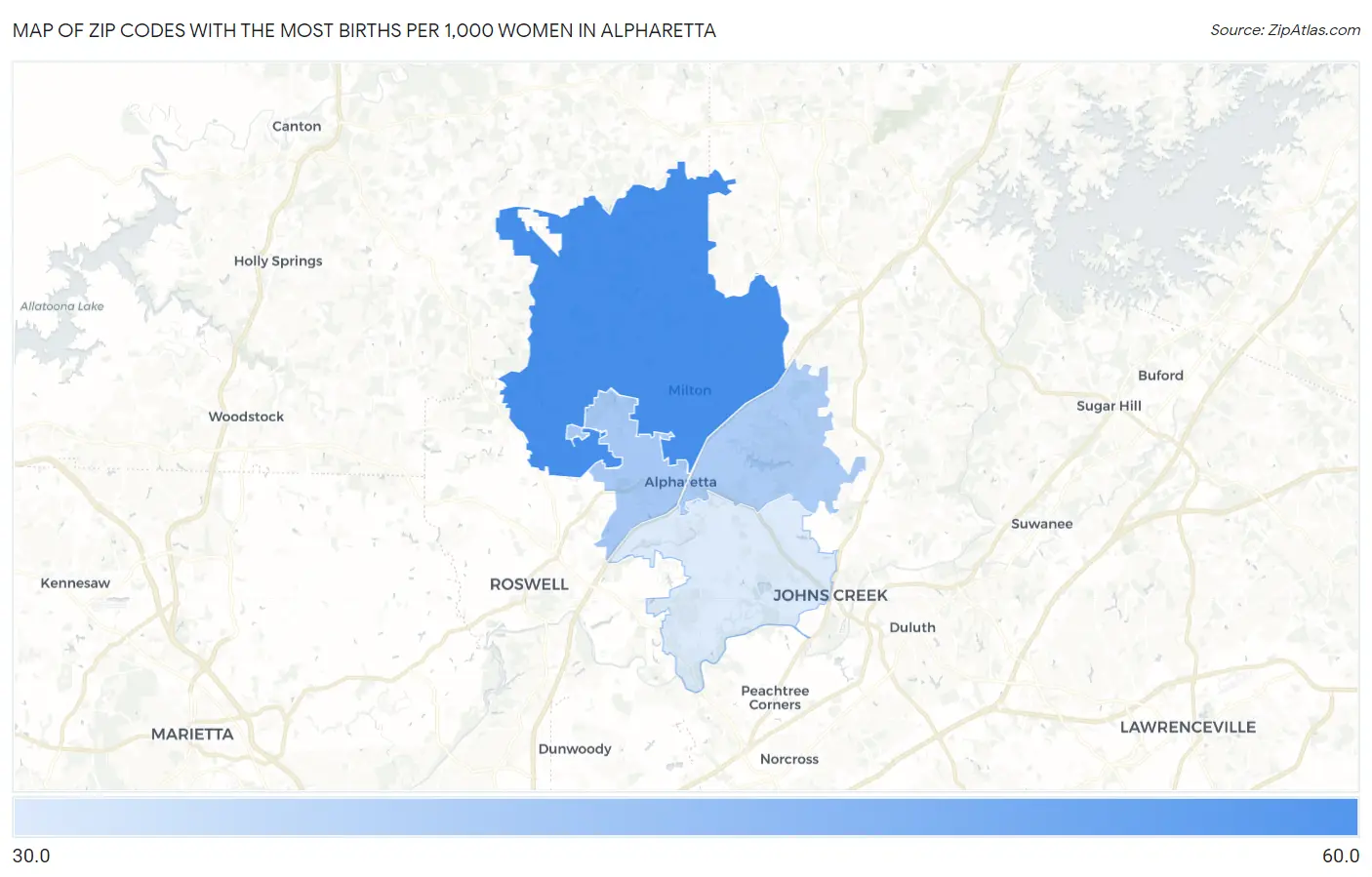Zip Codes with the Most Births per 1,000 Women in Alpharetta Map