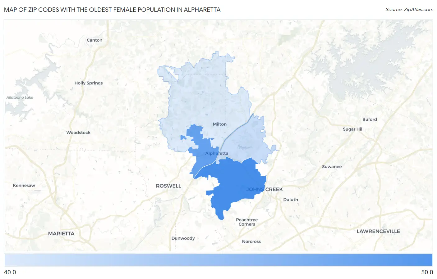 Zip Codes with the Oldest Female Population in Alpharetta Map