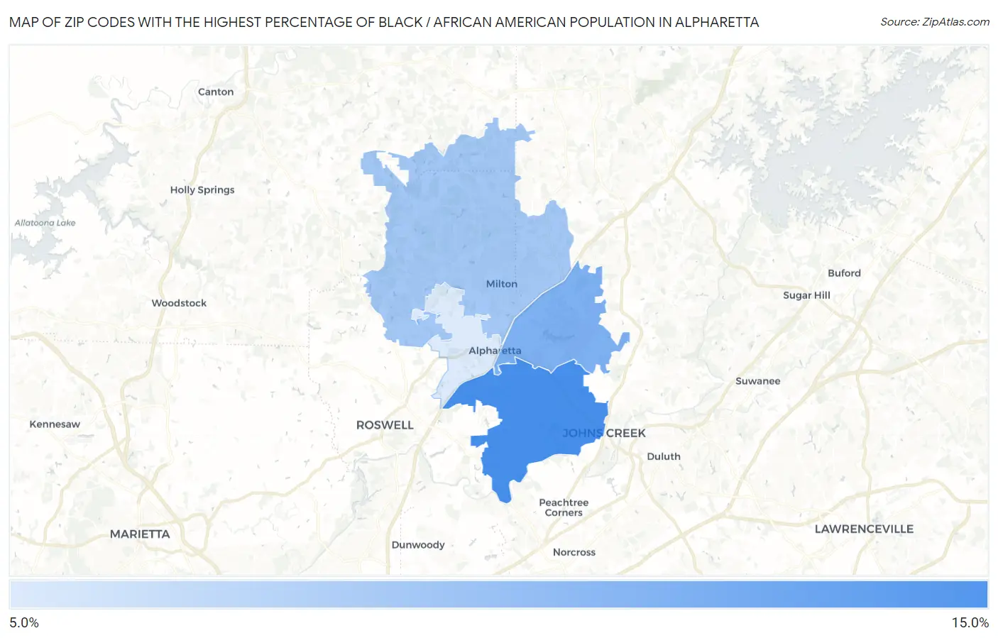 Zip Codes with the Highest Percentage of Black / African American Population in Alpharetta Map