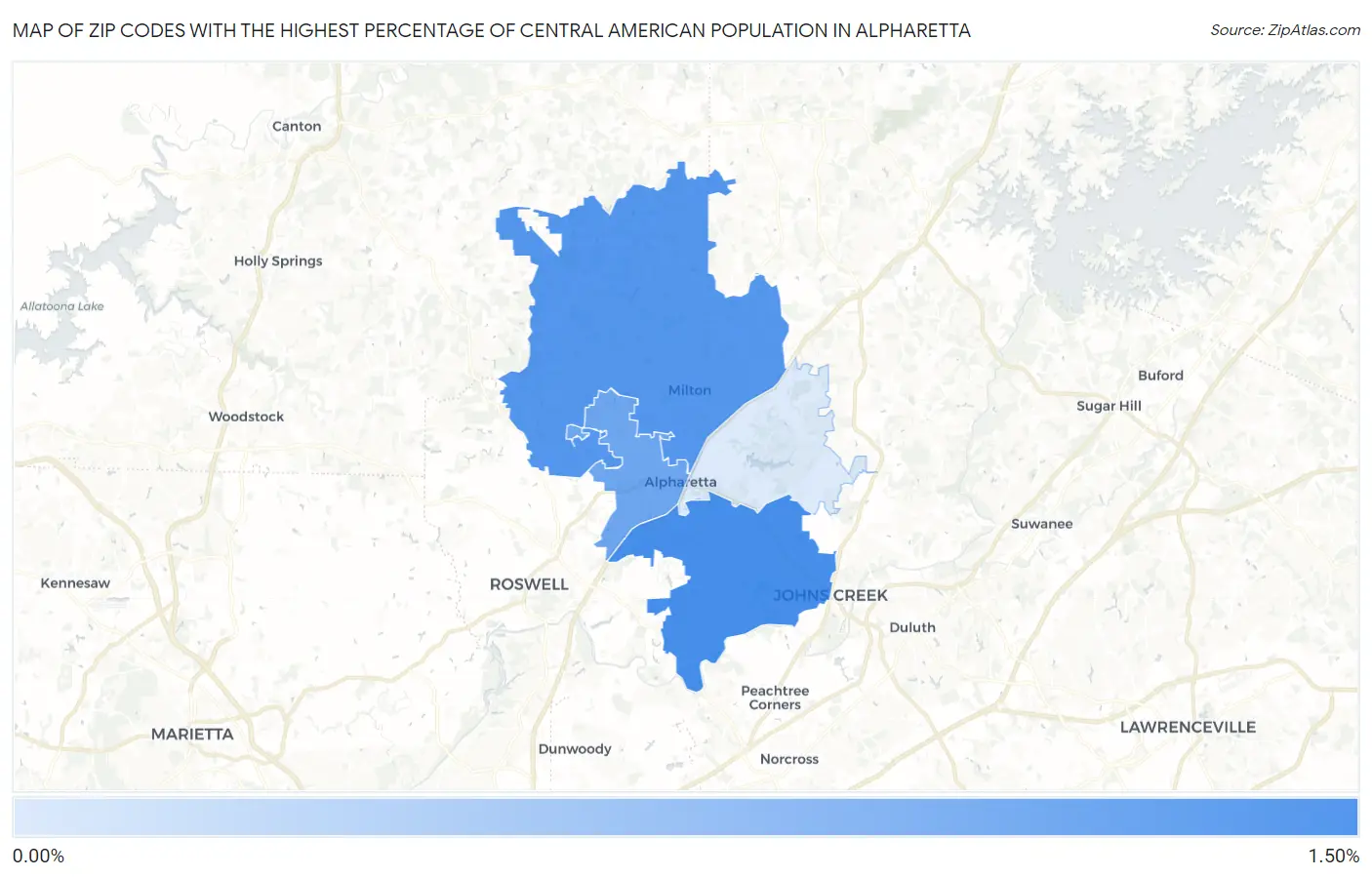 Zip Codes with the Highest Percentage of Central American Population in Alpharetta Map