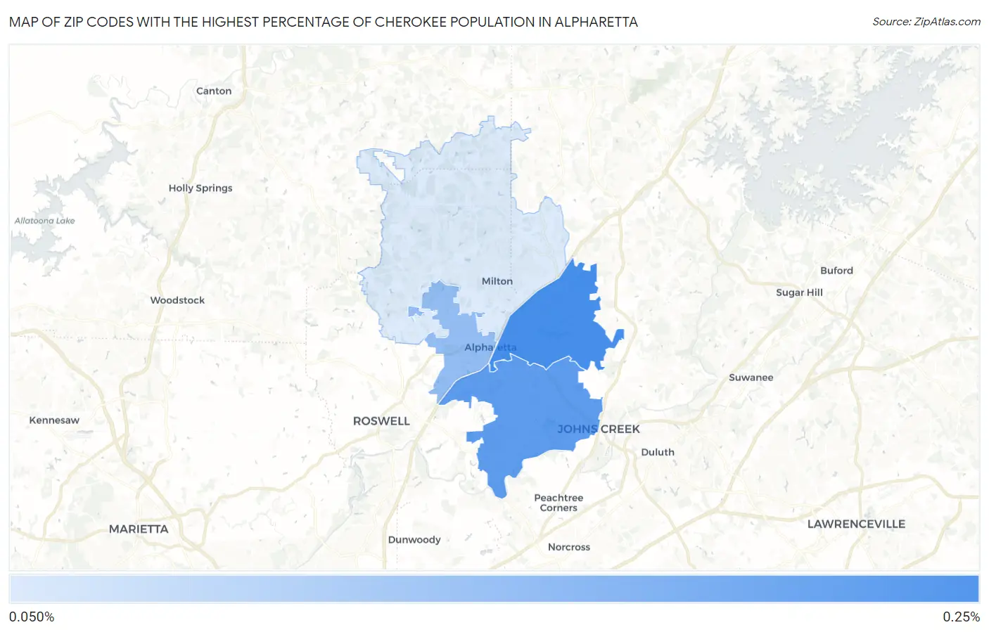 Zip Codes with the Highest Percentage of Cherokee Population in Alpharetta Map