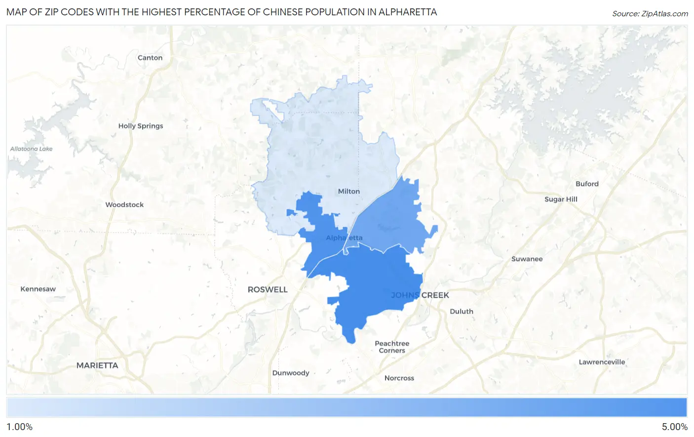 Zip Codes with the Highest Percentage of Chinese Population in Alpharetta Map