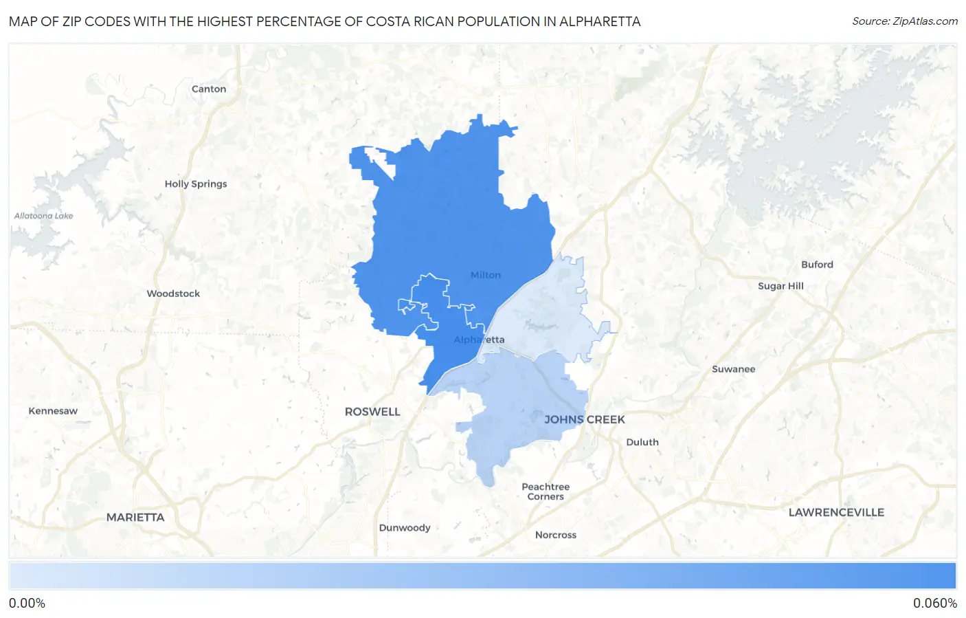 Zip Codes with the Highest Percentage of Costa Rican Population in Alpharetta Map