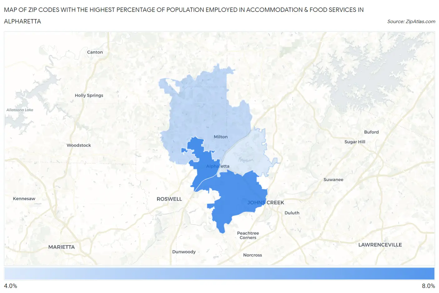 Zip Codes with the Highest Percentage of Population Employed in Accommodation & Food Services in Alpharetta Map