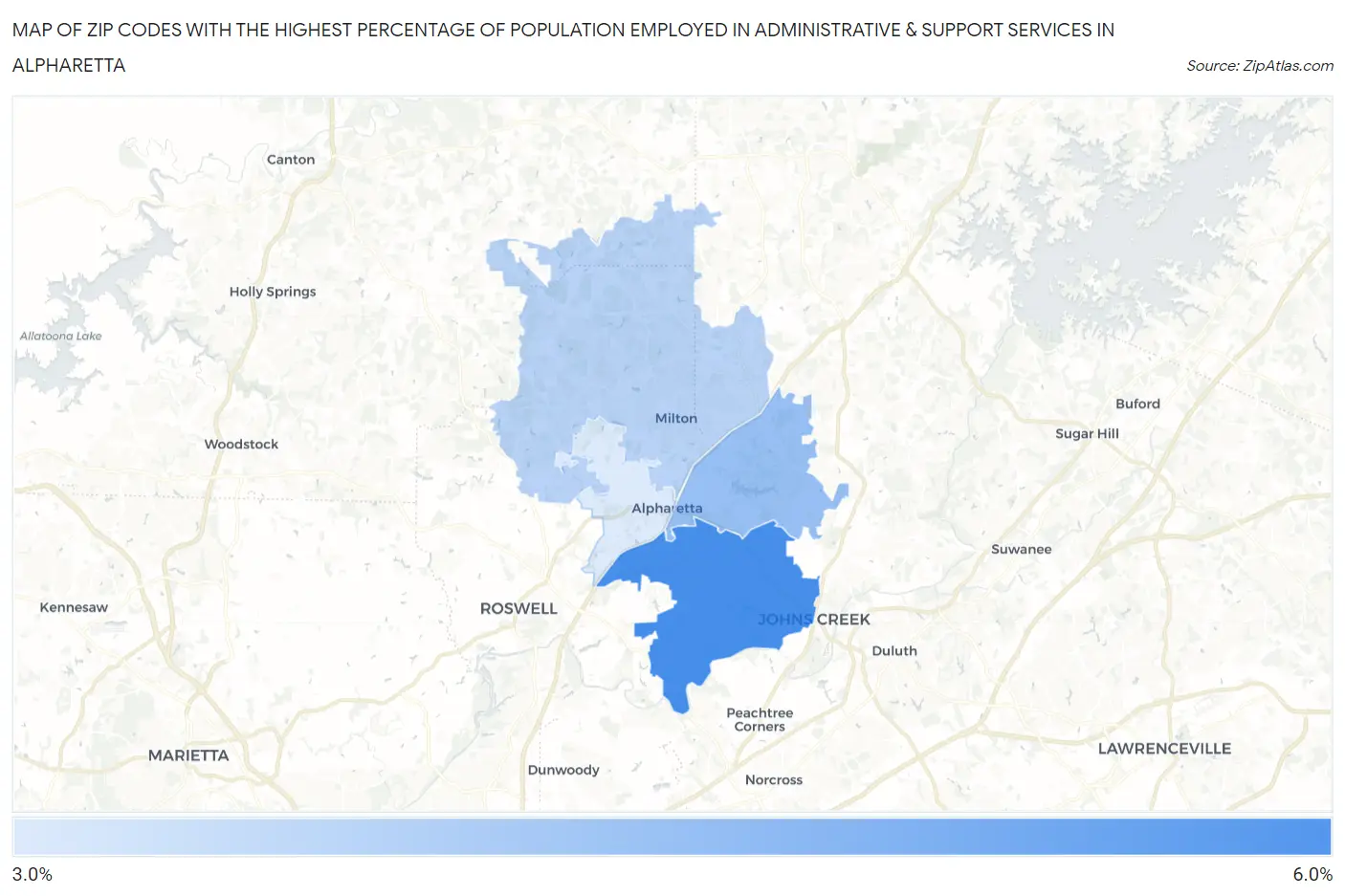 Zip Codes with the Highest Percentage of Population Employed in Administrative & Support Services in Alpharetta Map