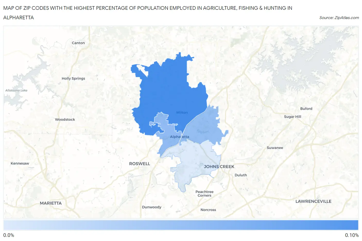 Zip Codes with the Highest Percentage of Population Employed in Agriculture, Fishing & Hunting in Alpharetta Map