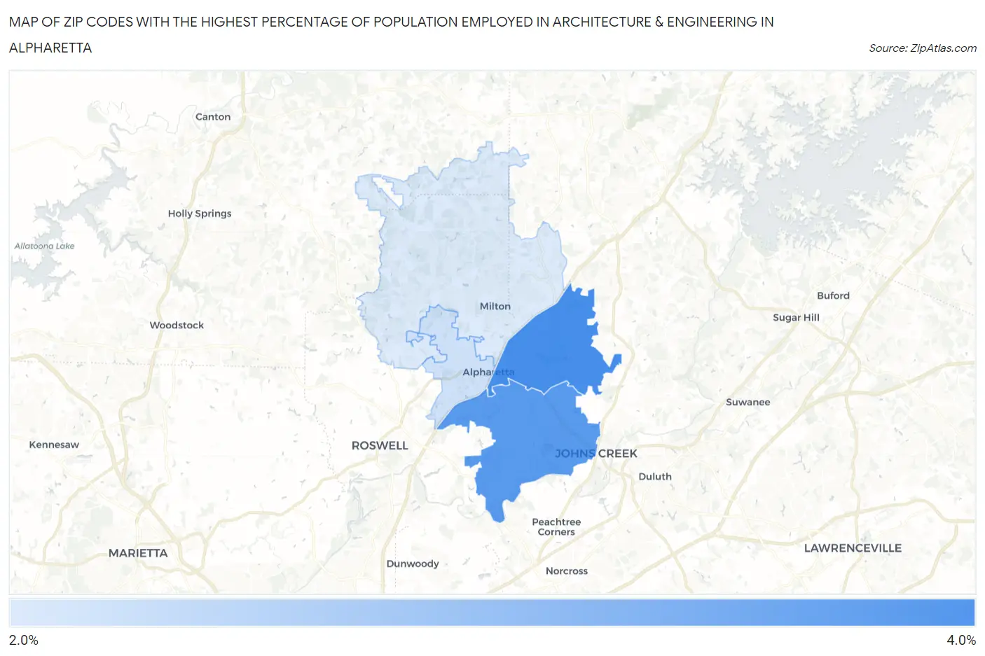 Zip Codes with the Highest Percentage of Population Employed in Architecture & Engineering in Alpharetta Map