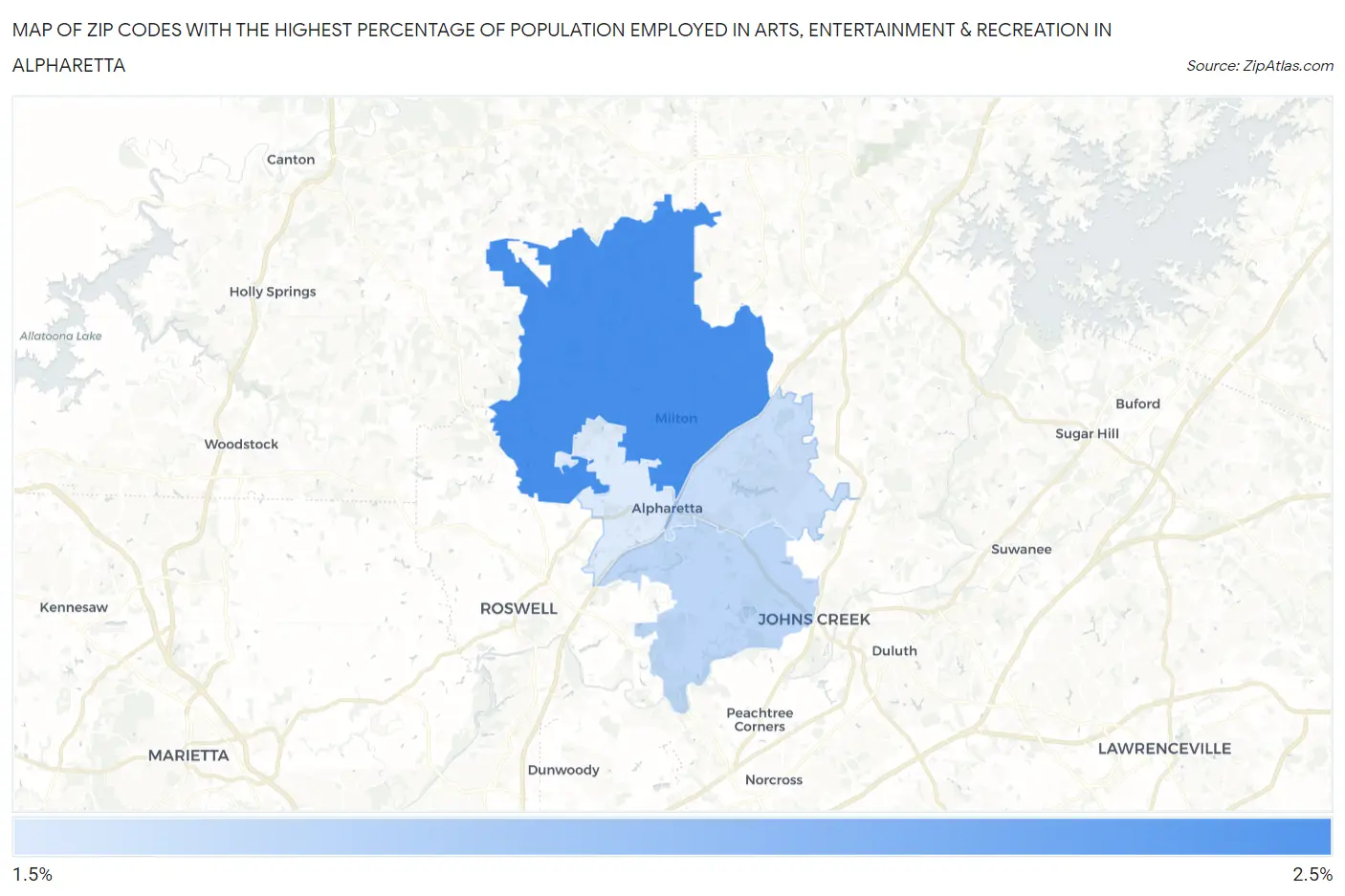 Zip Codes with the Highest Percentage of Population Employed in Arts, Entertainment & Recreation in Alpharetta Map