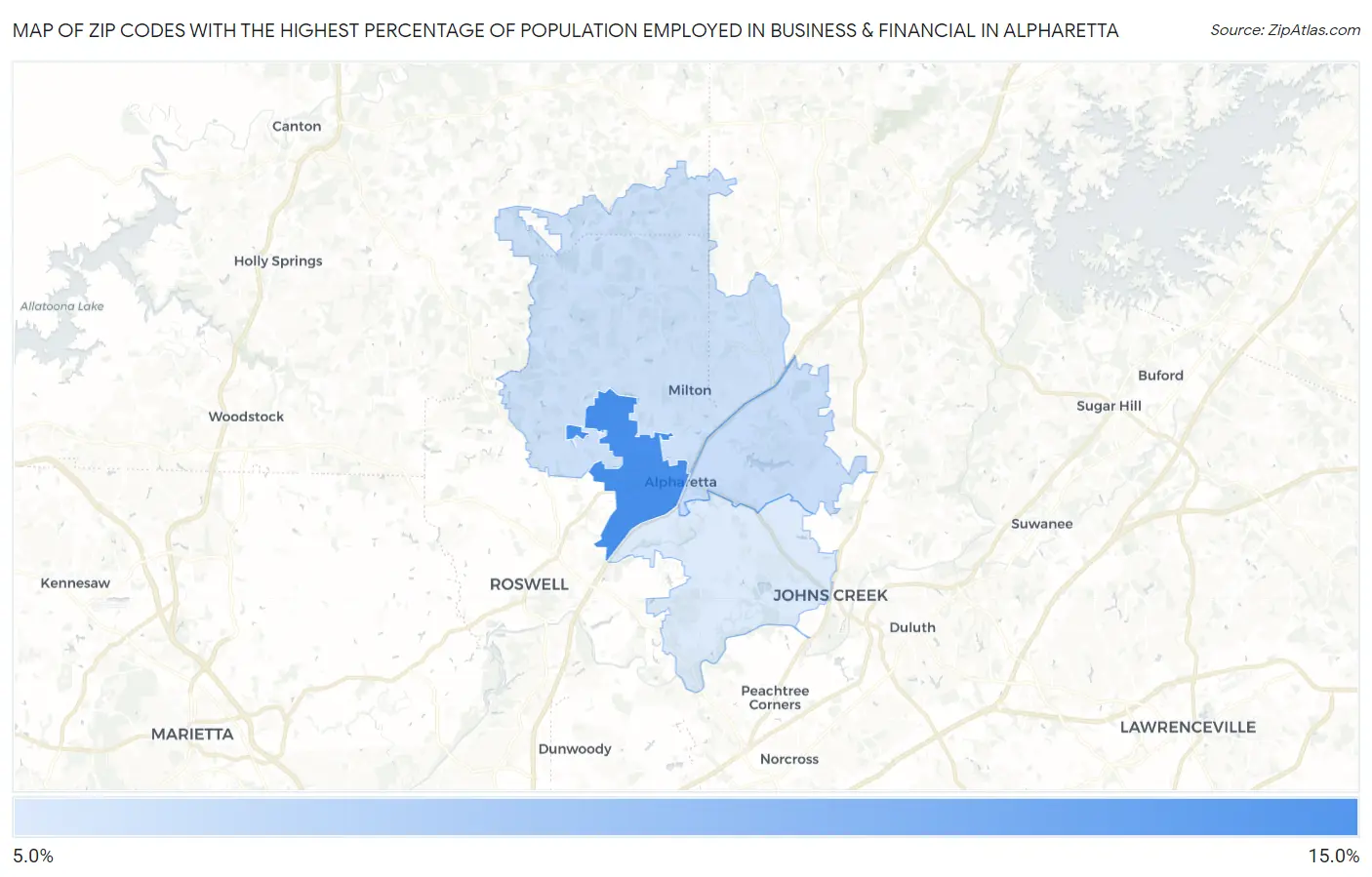 Zip Codes with the Highest Percentage of Population Employed in Business & Financial in Alpharetta Map