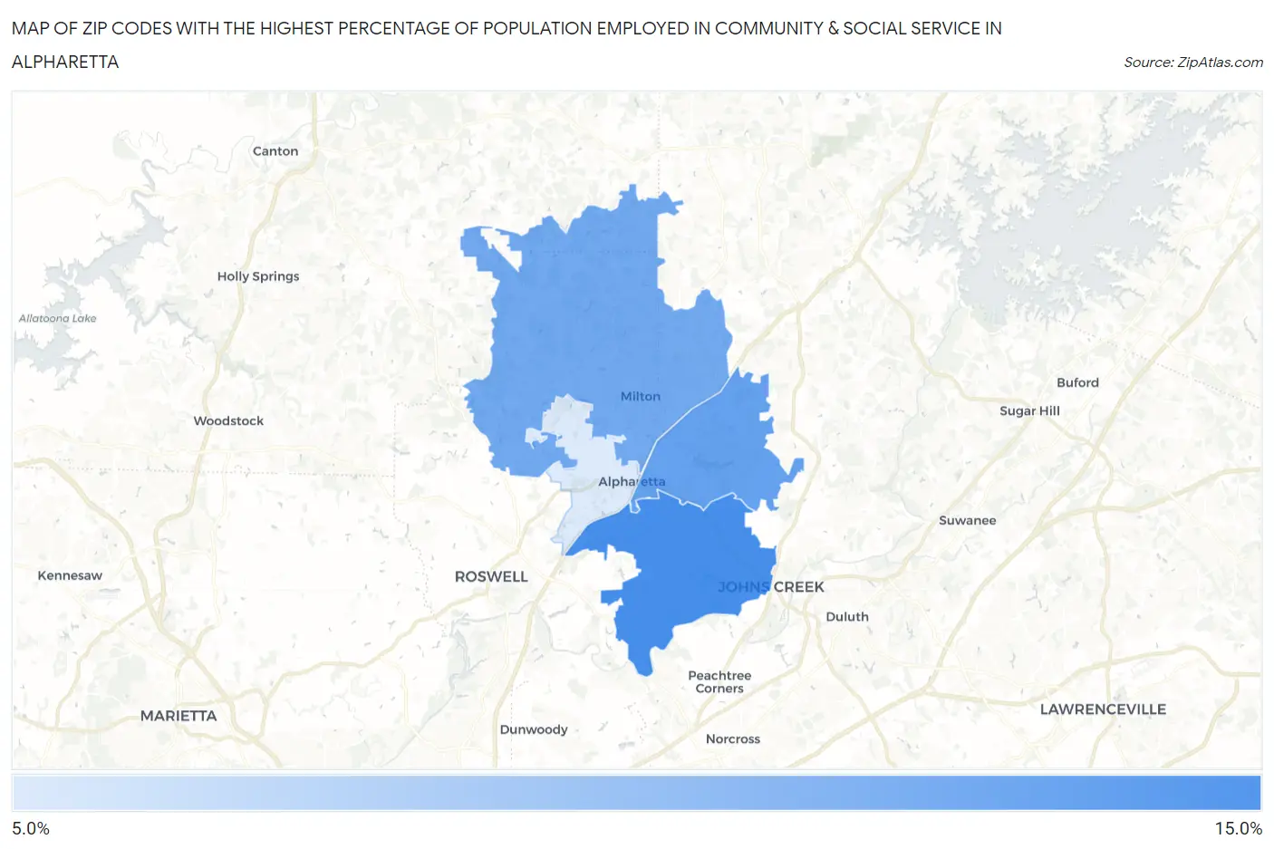 Zip Codes with the Highest Percentage of Population Employed in Community & Social Service  in Alpharetta Map