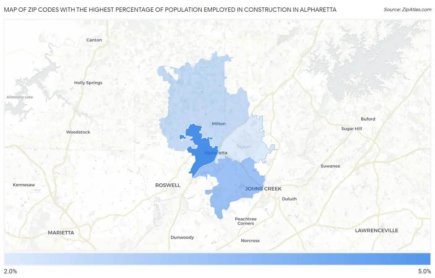 Zip Codes with the Highest Percentage of Population Employed in Construction in Alpharetta Map