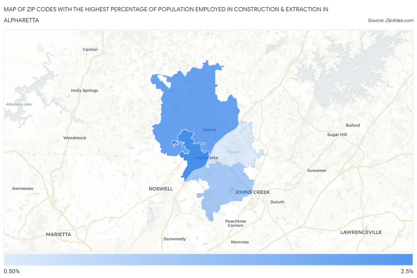 Zip Codes with the Highest Percentage of Population Employed in Construction & Extraction in Alpharetta Map