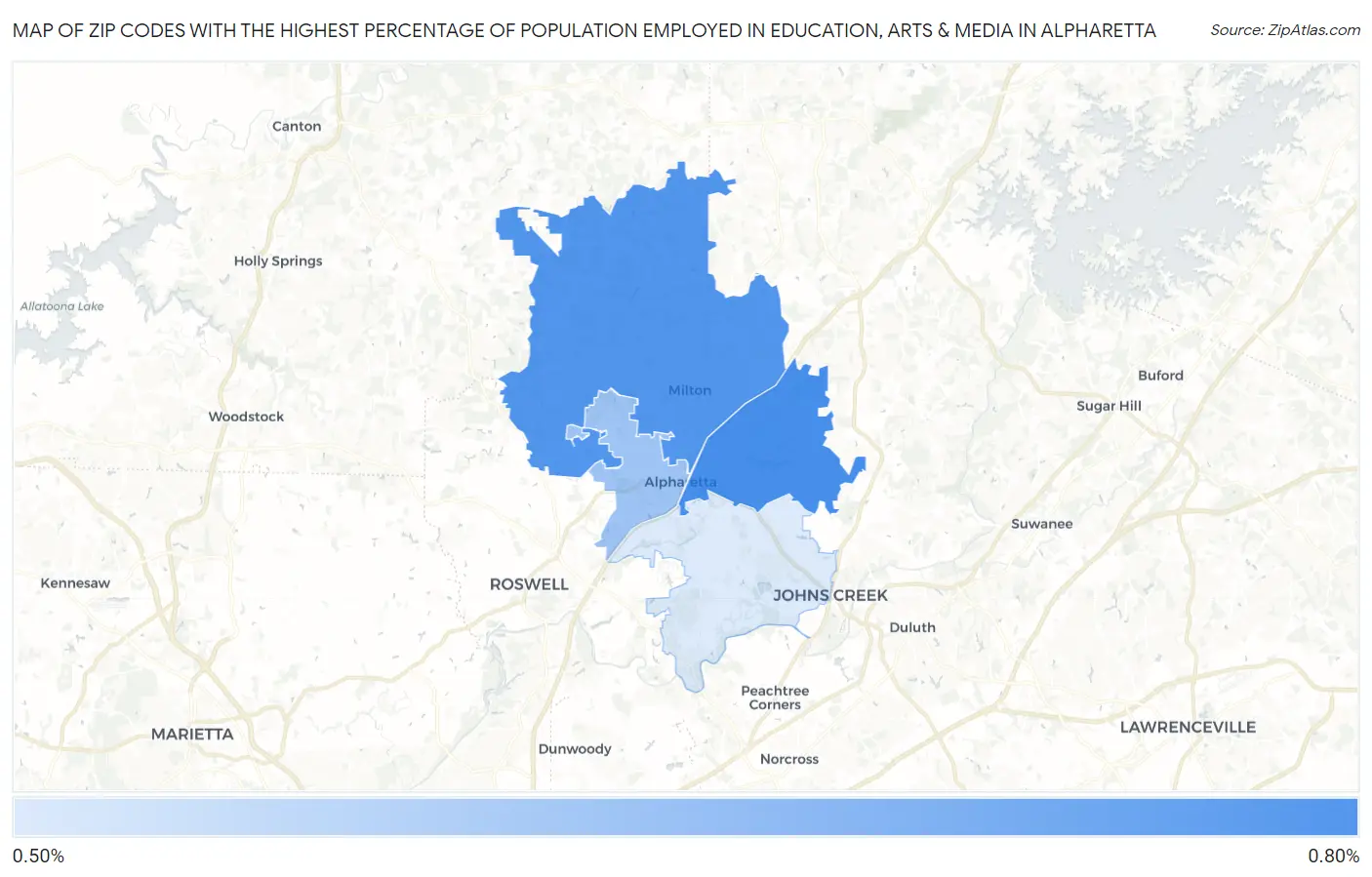 Zip Codes with the Highest Percentage of Population Employed in Education, Arts & Media in Alpharetta Map