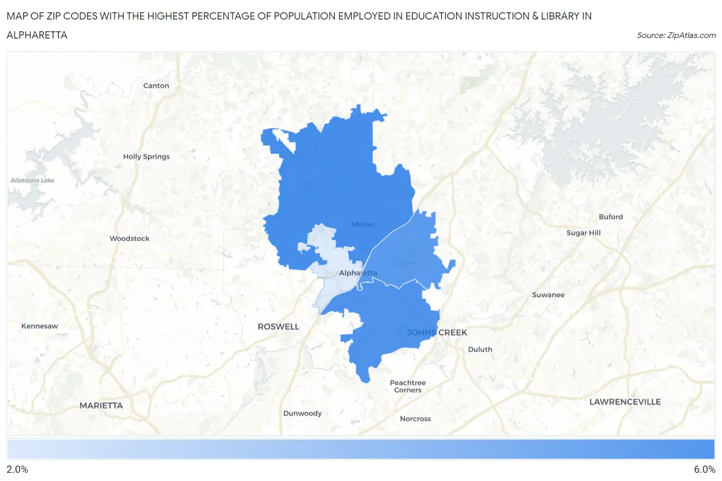 Zip Codes with the Highest Percentage of Population Employed in Education Instruction & Library in Alpharetta Map