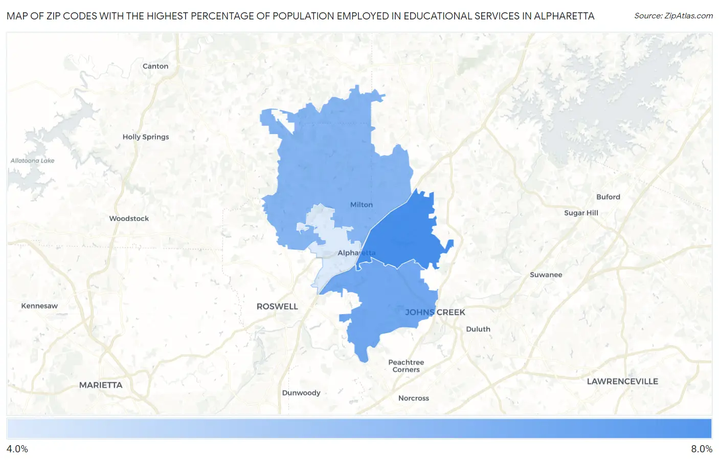 Zip Codes with the Highest Percentage of Population Employed in Educational Services in Alpharetta Map