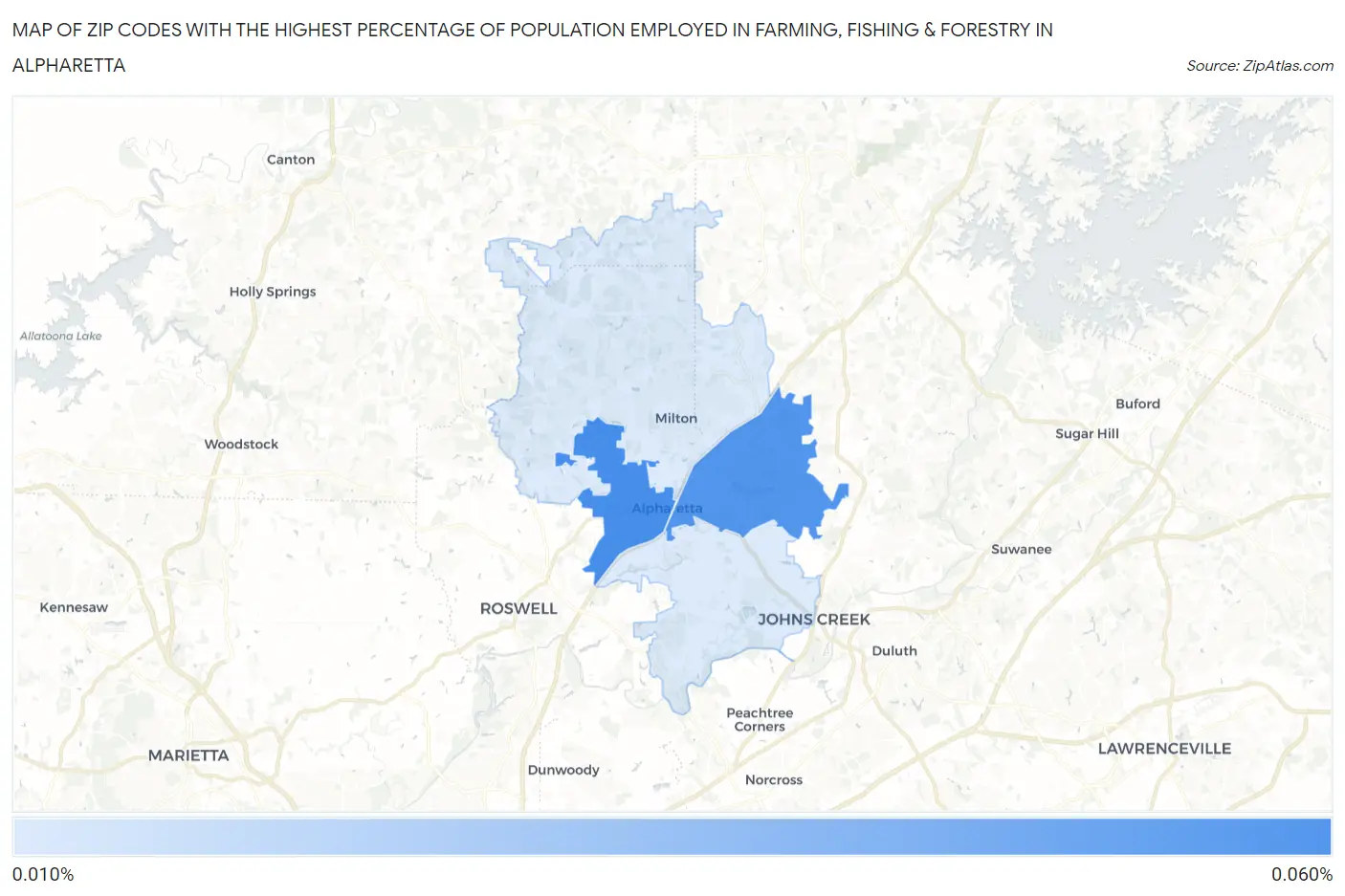 Zip Codes with the Highest Percentage of Population Employed in Farming, Fishing & Forestry in Alpharetta Map