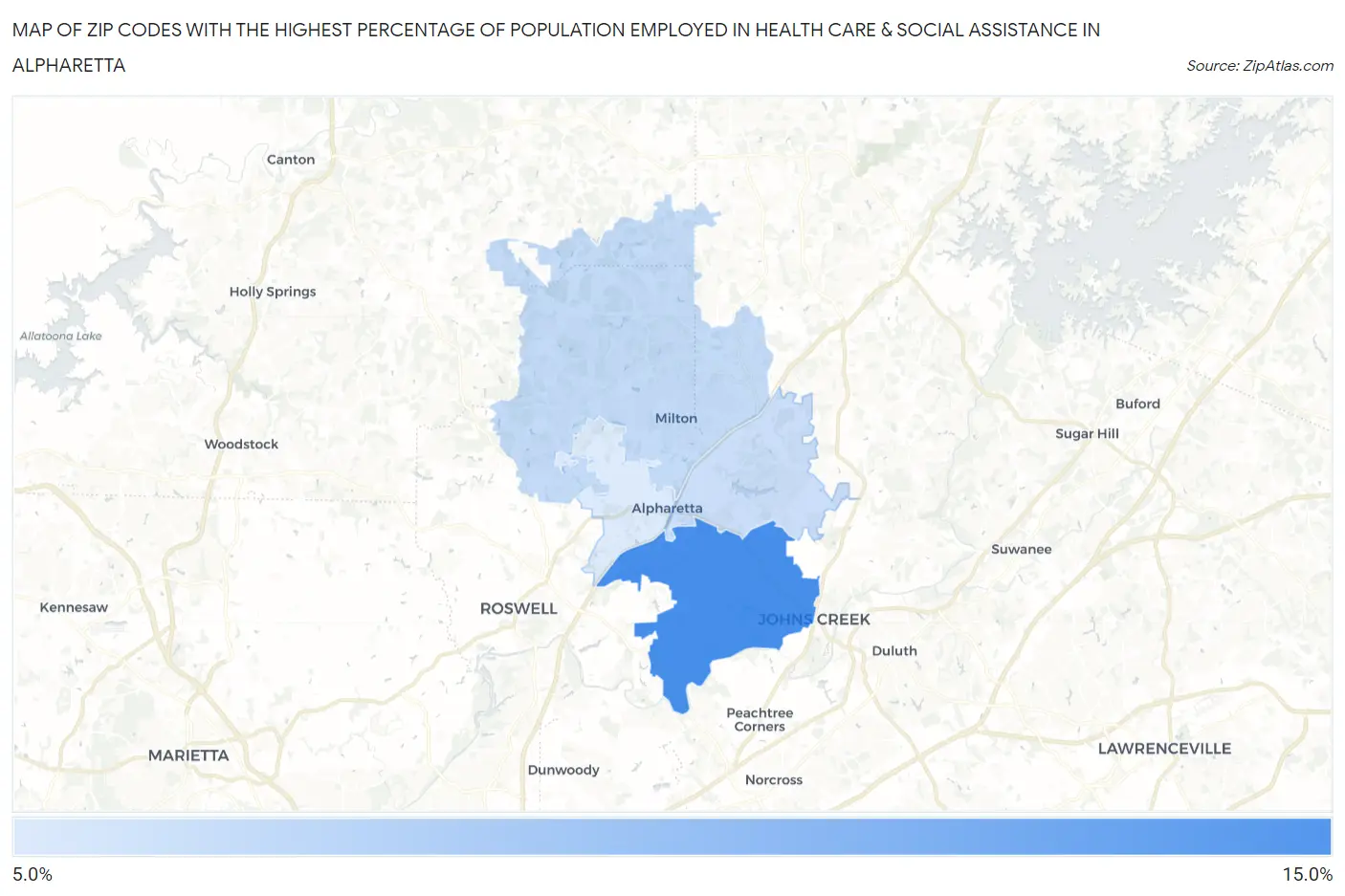 Zip Codes with the Highest Percentage of Population Employed in Health Care & Social Assistance in Alpharetta Map