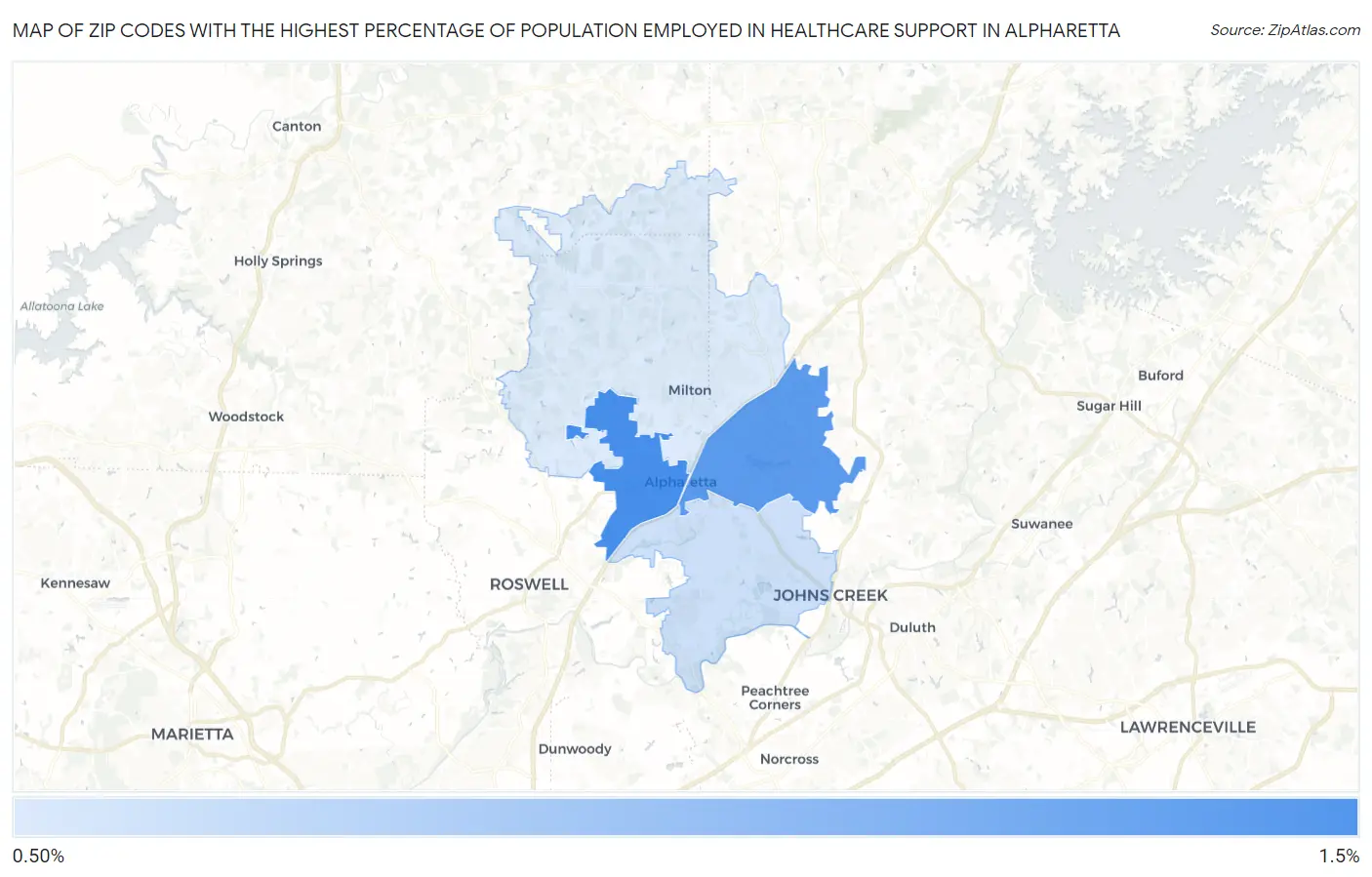 Zip Codes with the Highest Percentage of Population Employed in Healthcare Support in Alpharetta Map
