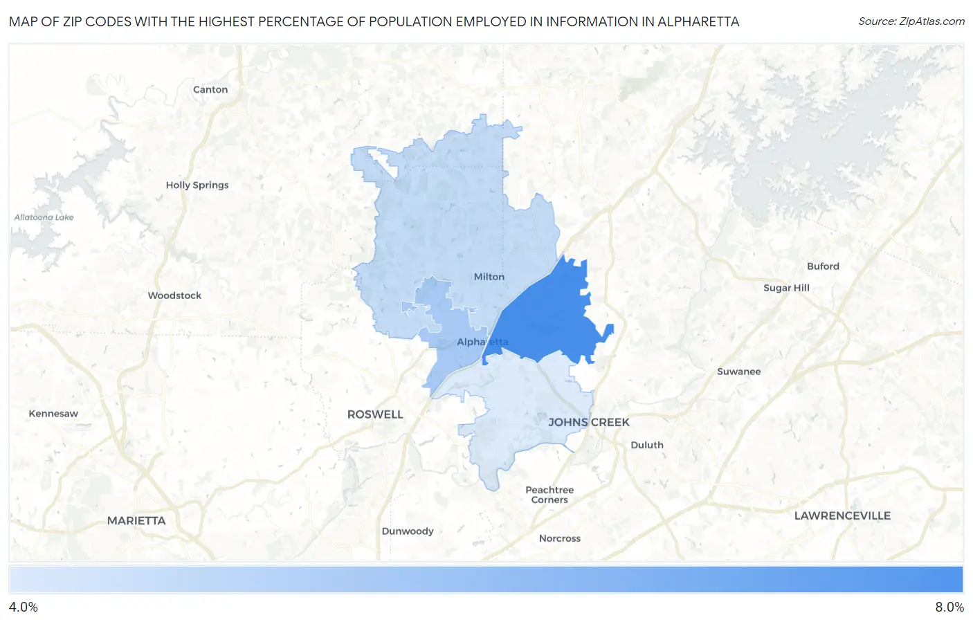 Zip Codes with the Highest Percentage of Population Employed in Information in Alpharetta Map