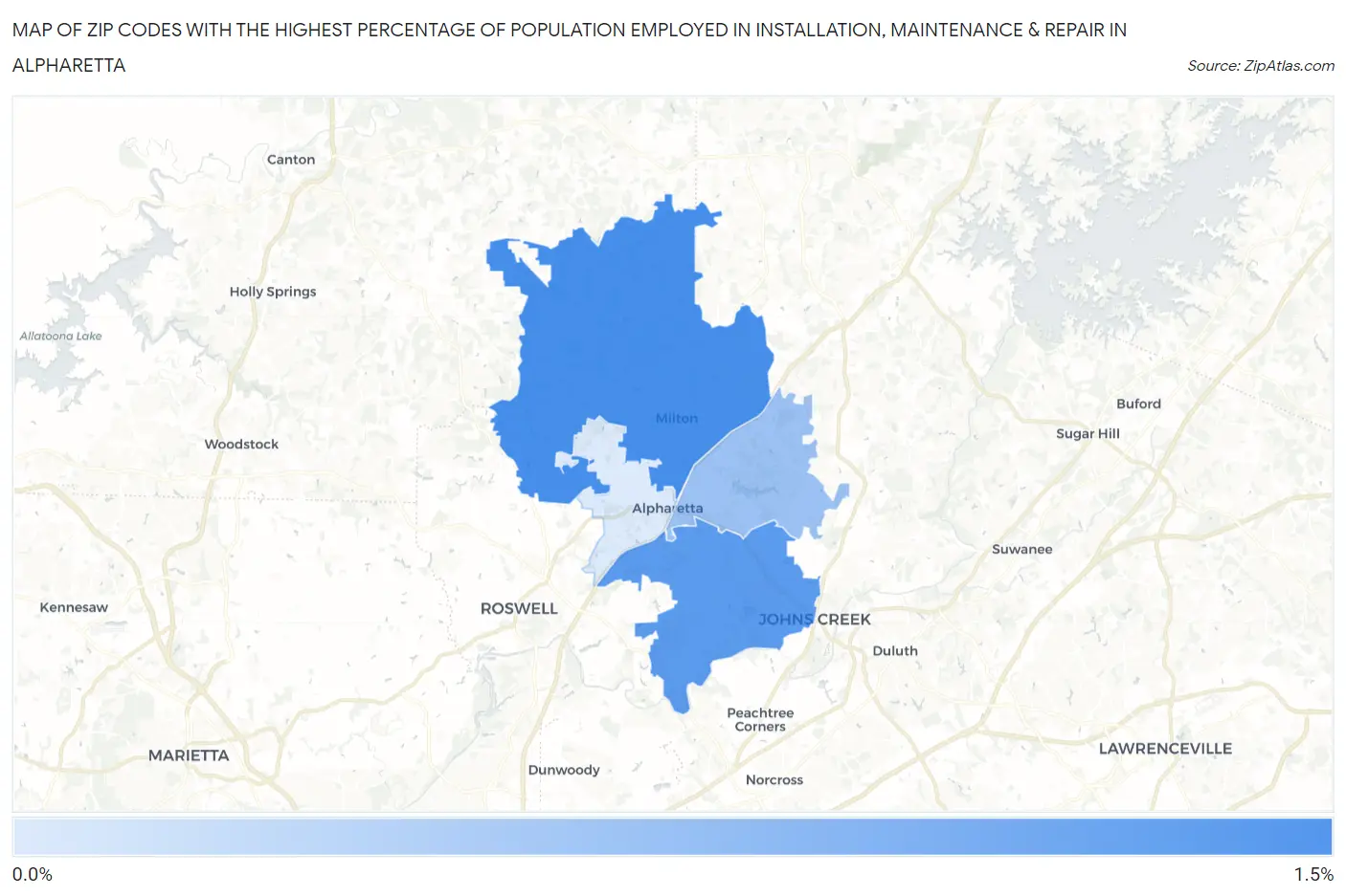 Zip Codes with the Highest Percentage of Population Employed in Installation, Maintenance & Repair in Alpharetta Map