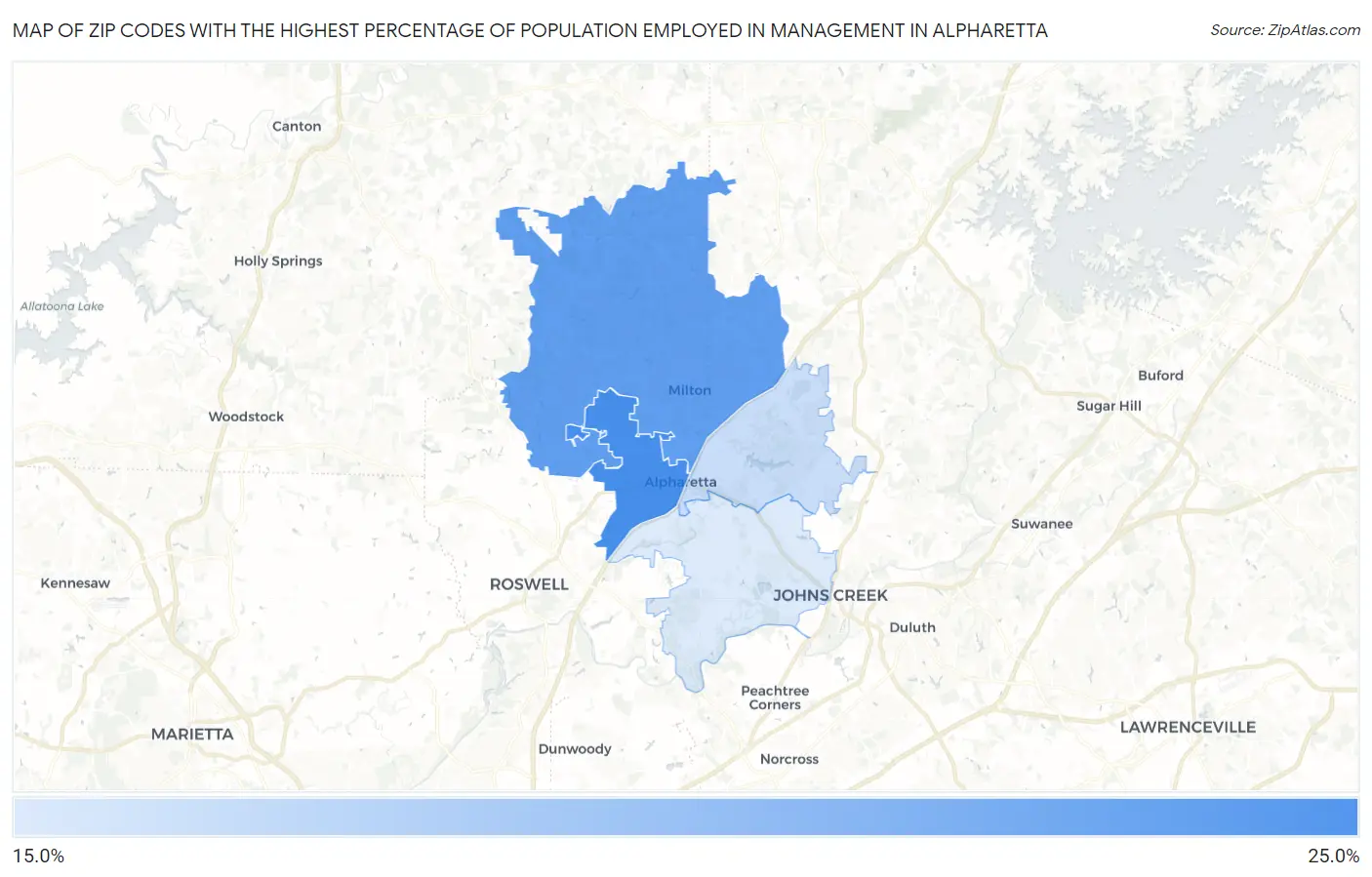 Zip Codes with the Highest Percentage of Population Employed in Management in Alpharetta Map