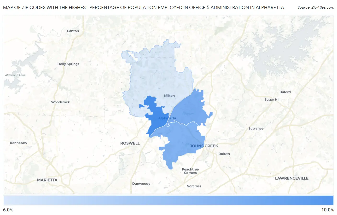 Zip Codes with the Highest Percentage of Population Employed in Office & Administration in Alpharetta Map
