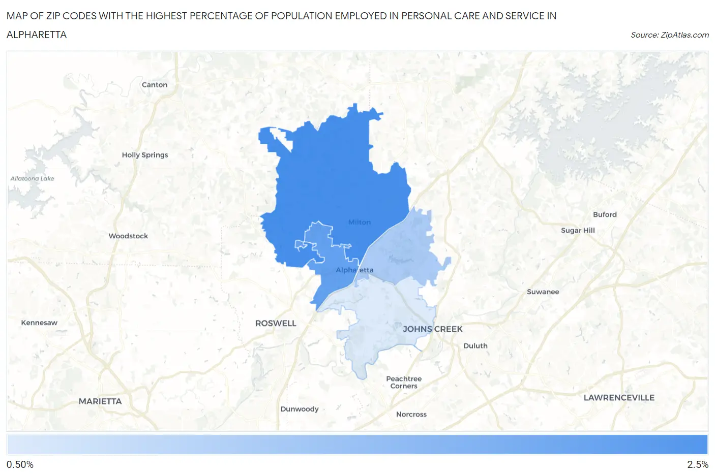 Zip Codes with the Highest Percentage of Population Employed in Personal Care and Service in Alpharetta Map