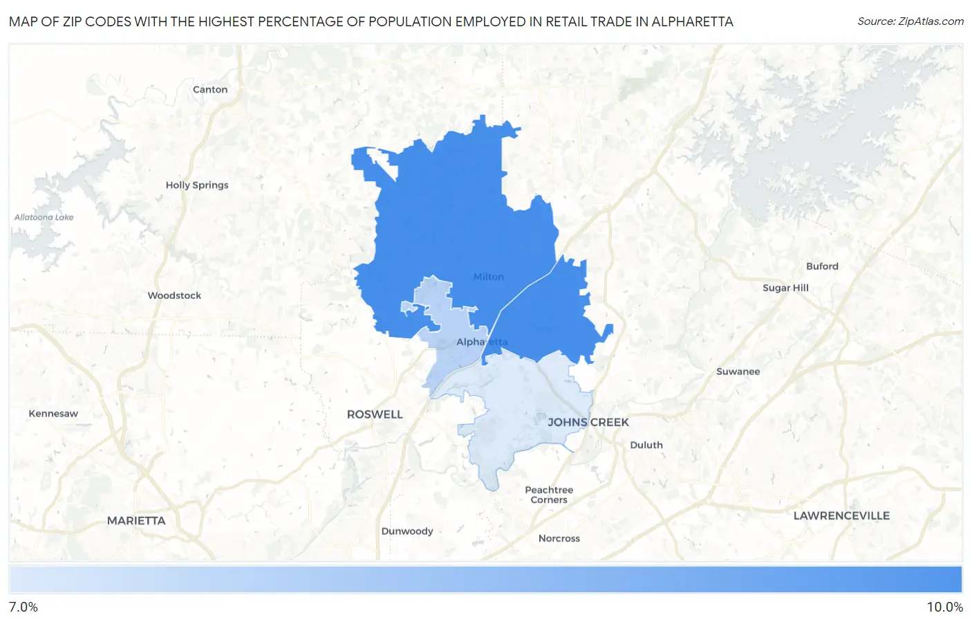 Zip Codes with the Highest Percentage of Population Employed in Retail Trade in Alpharetta Map