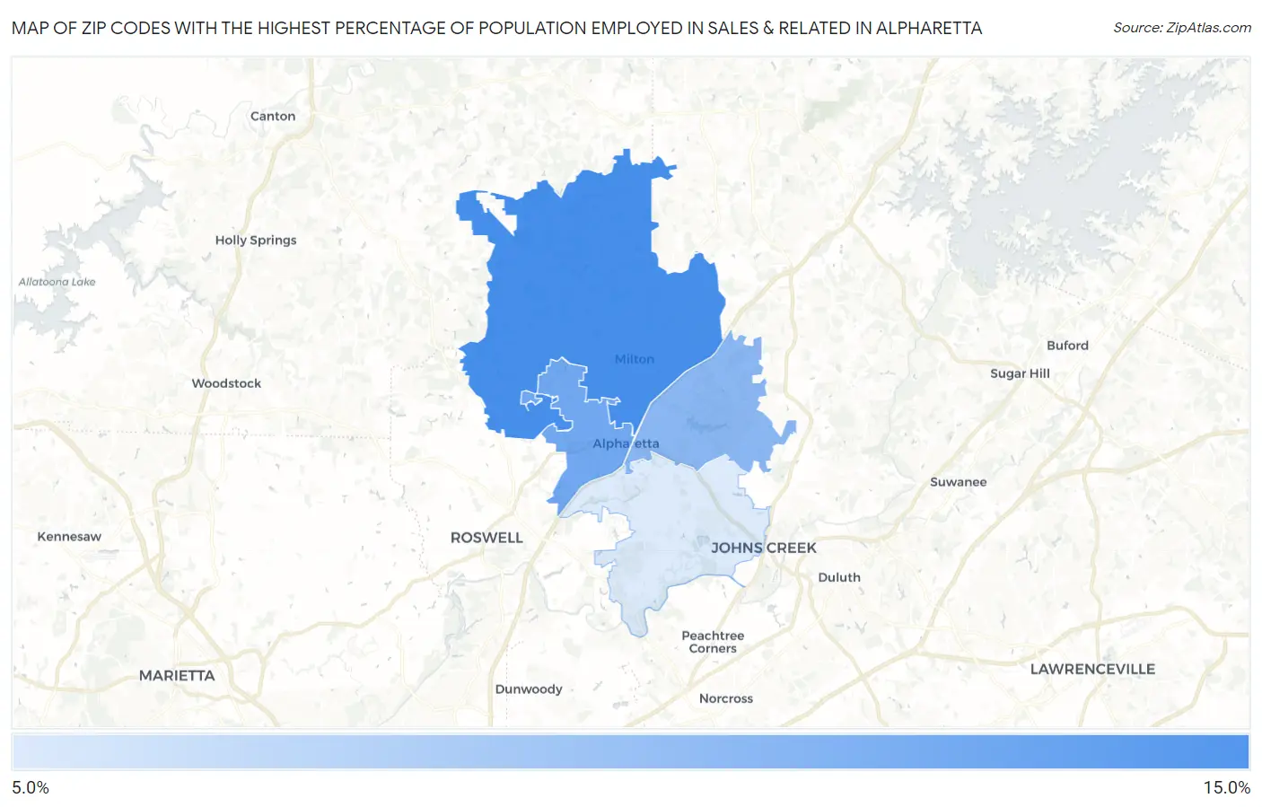 Zip Codes with the Highest Percentage of Population Employed in Sales & Related in Alpharetta Map