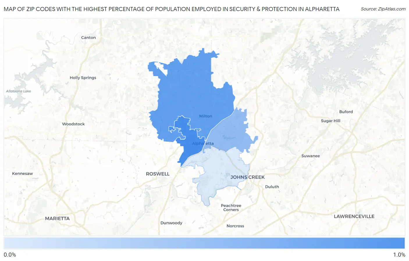 Zip Codes with the Highest Percentage of Population Employed in Security & Protection in Alpharetta Map