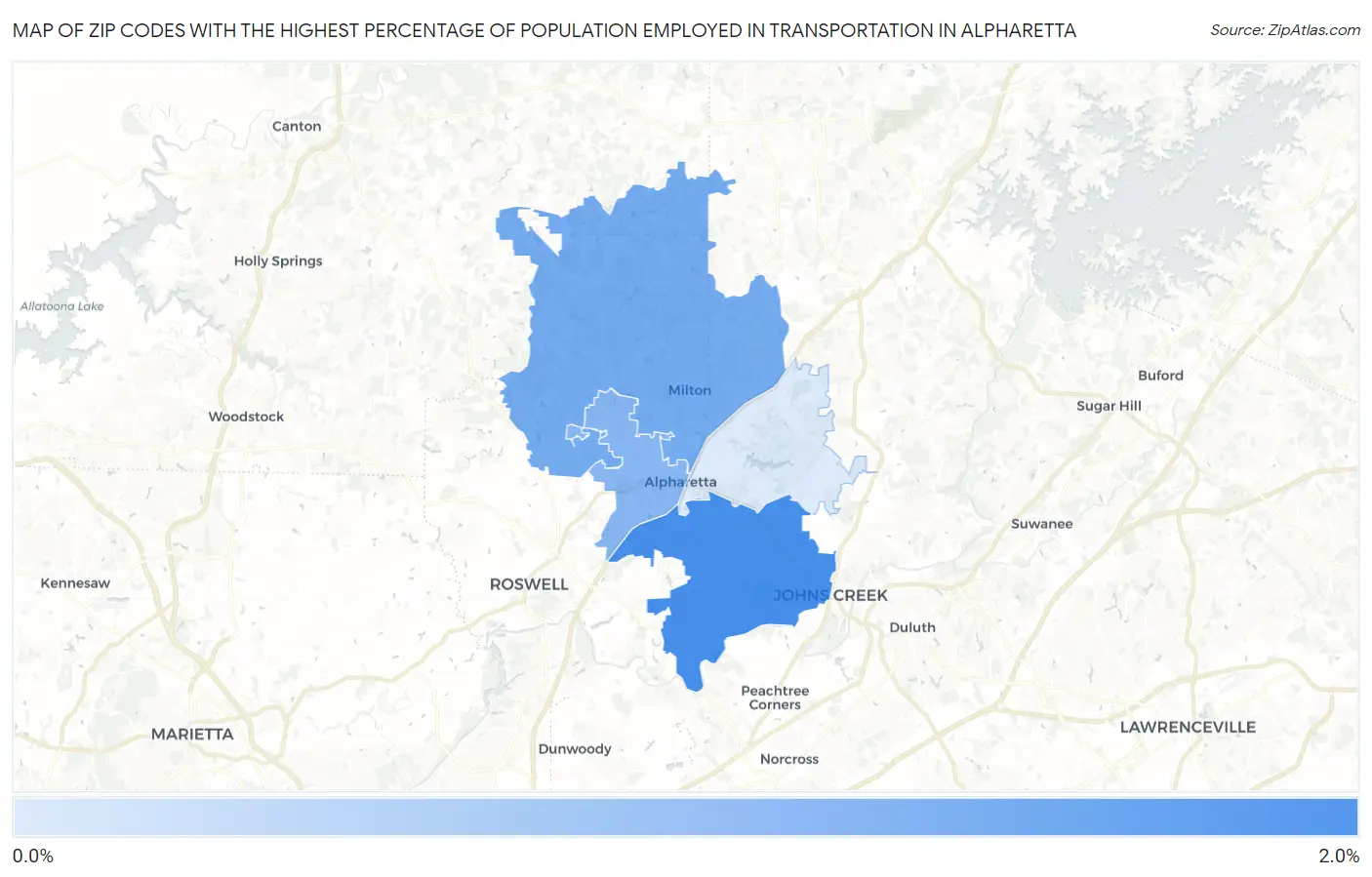 Zip Codes with the Highest Percentage of Population Employed in Transportation in Alpharetta Map