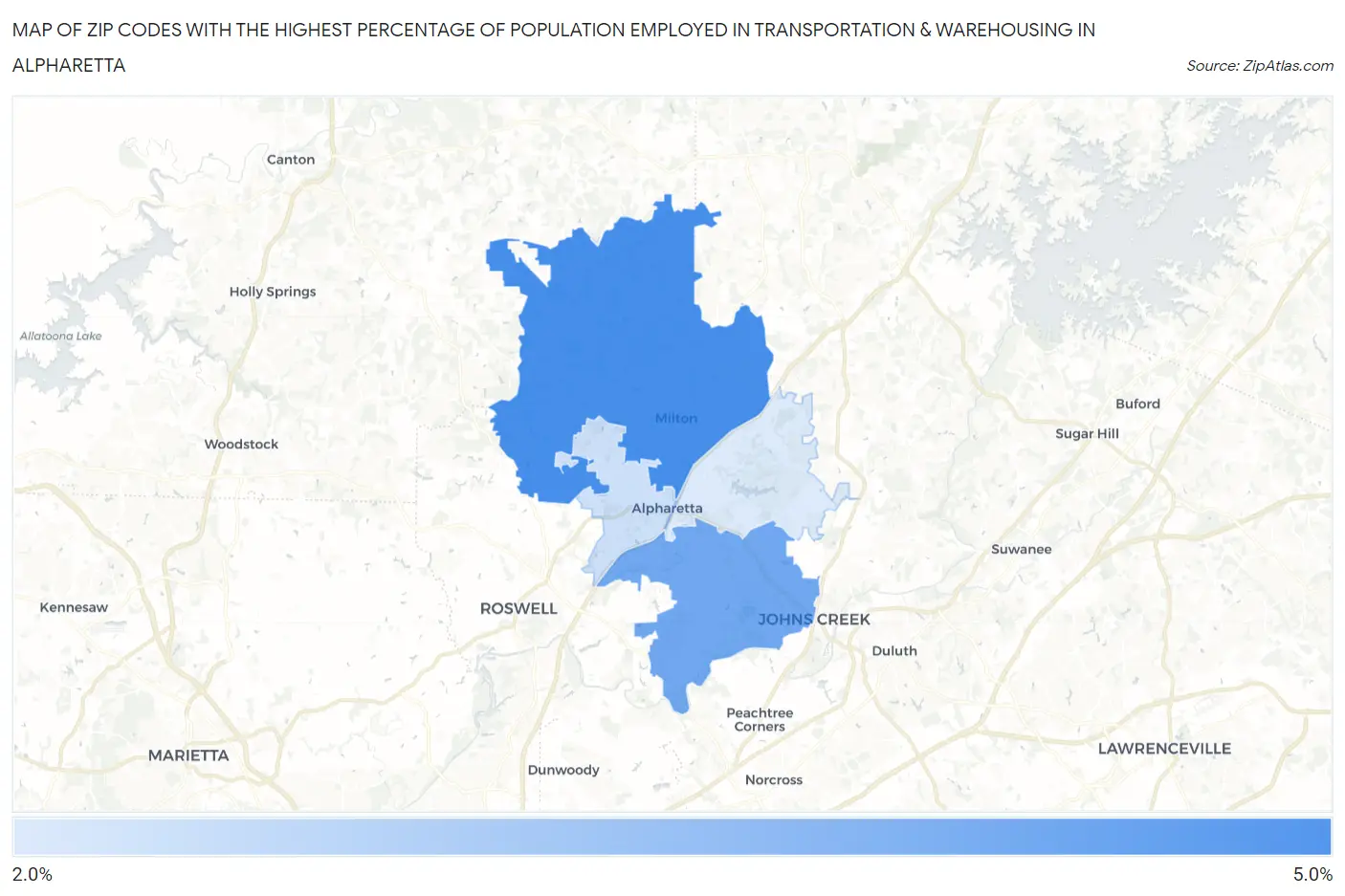 Zip Codes with the Highest Percentage of Population Employed in Transportation & Warehousing in Alpharetta Map