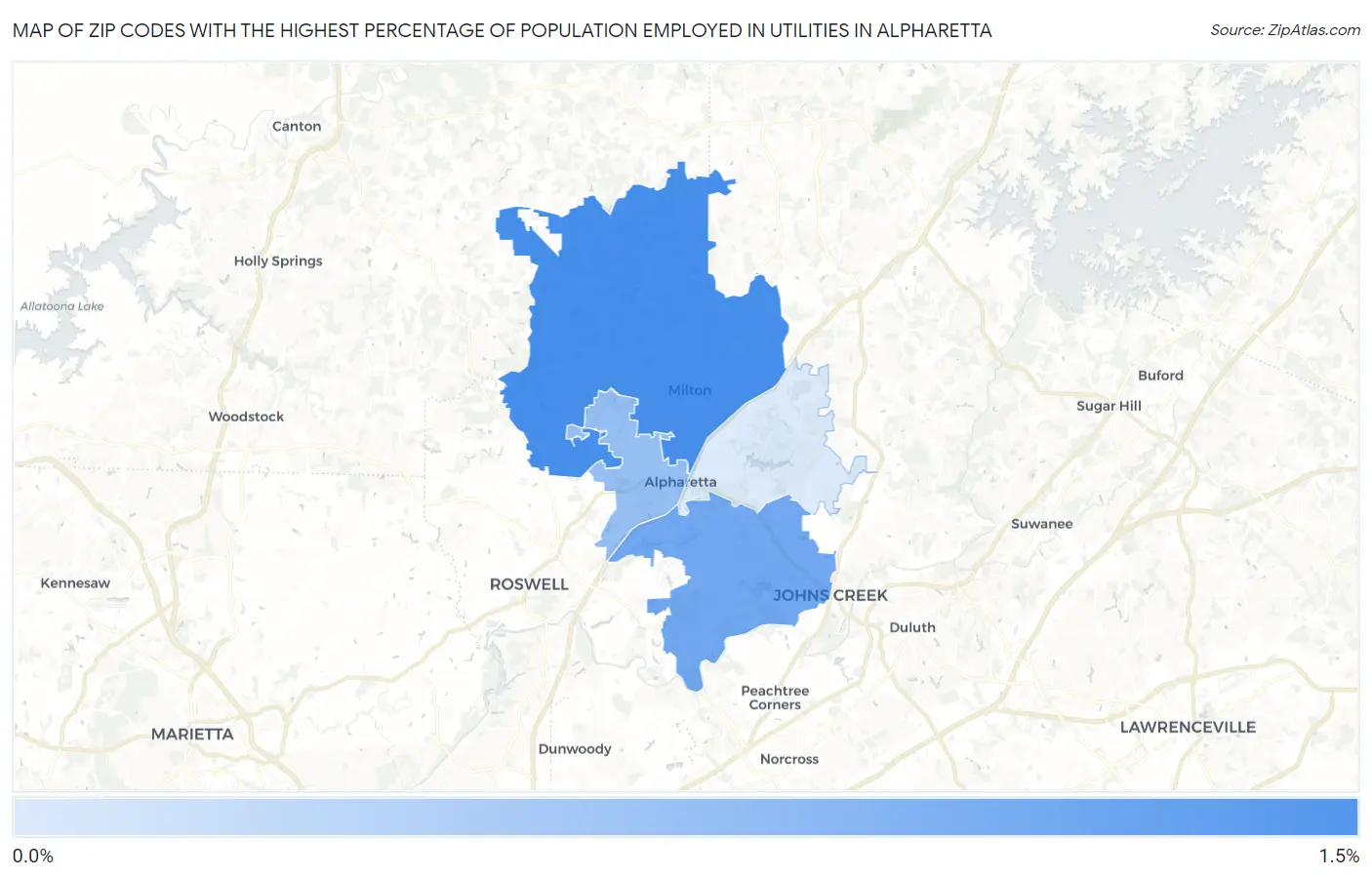 Zip Codes with the Highest Percentage of Population Employed in Utilities in Alpharetta Map