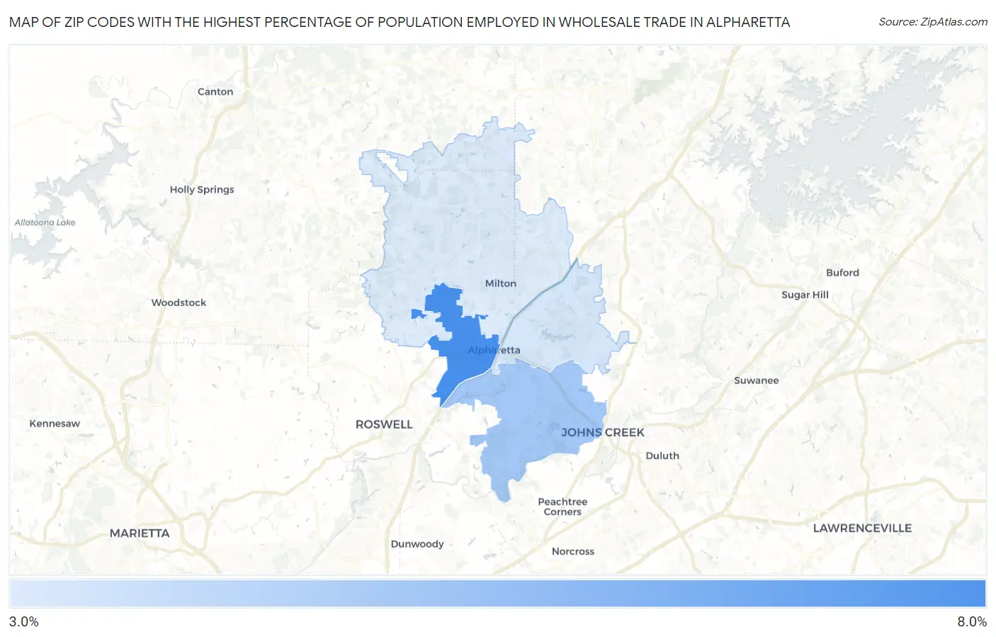 Zip Codes with the Highest Percentage of Population Employed in Wholesale Trade in Alpharetta Map