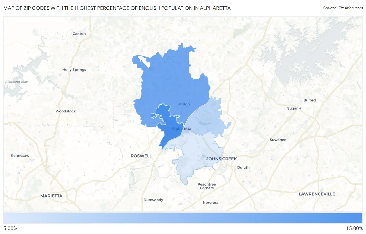 Zip Codes with the Highest Percentage of English Population in Alpharetta Map