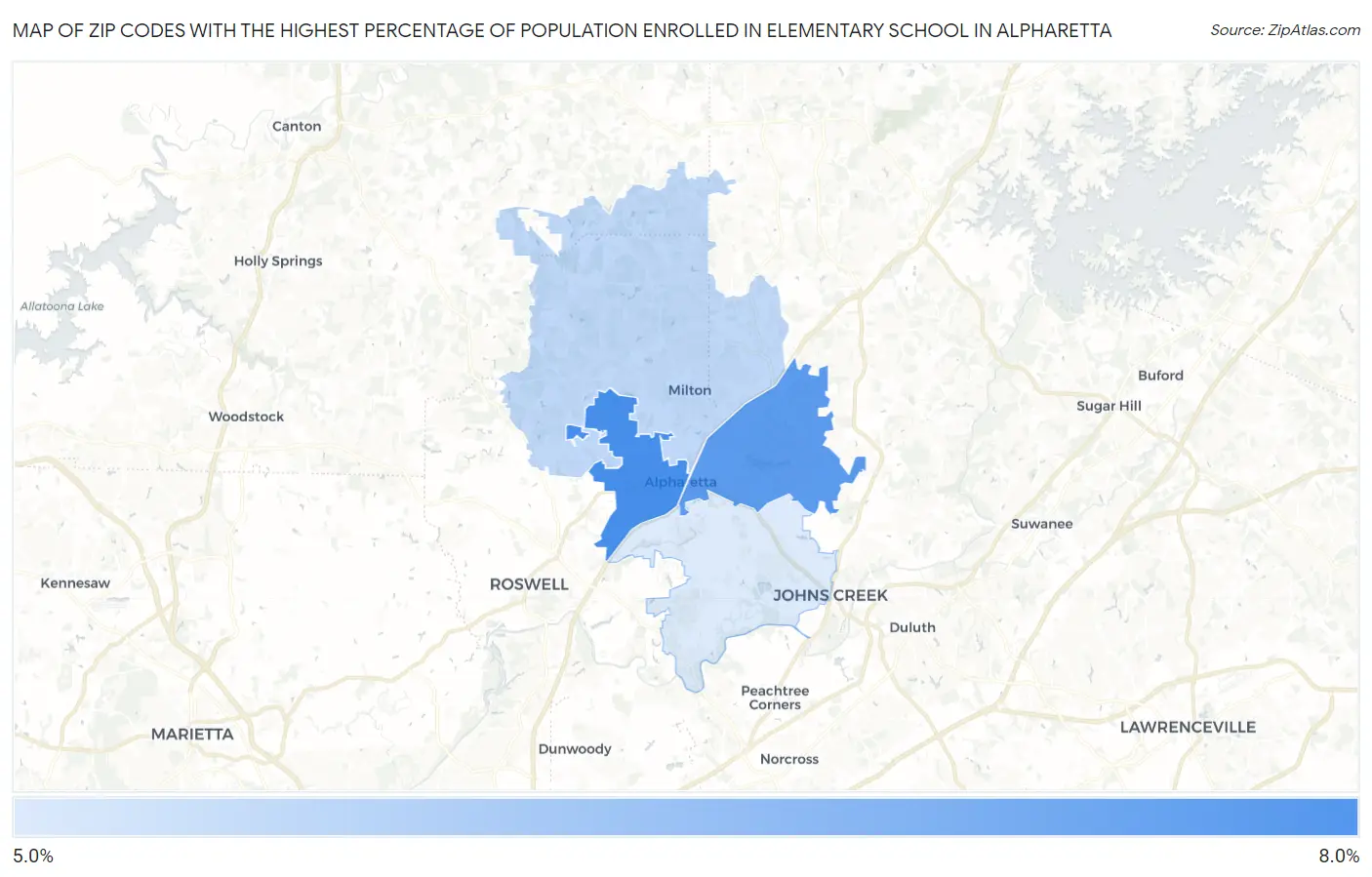 Zip Codes with the Highest Percentage of Population Enrolled in Elementary School in Alpharetta Map