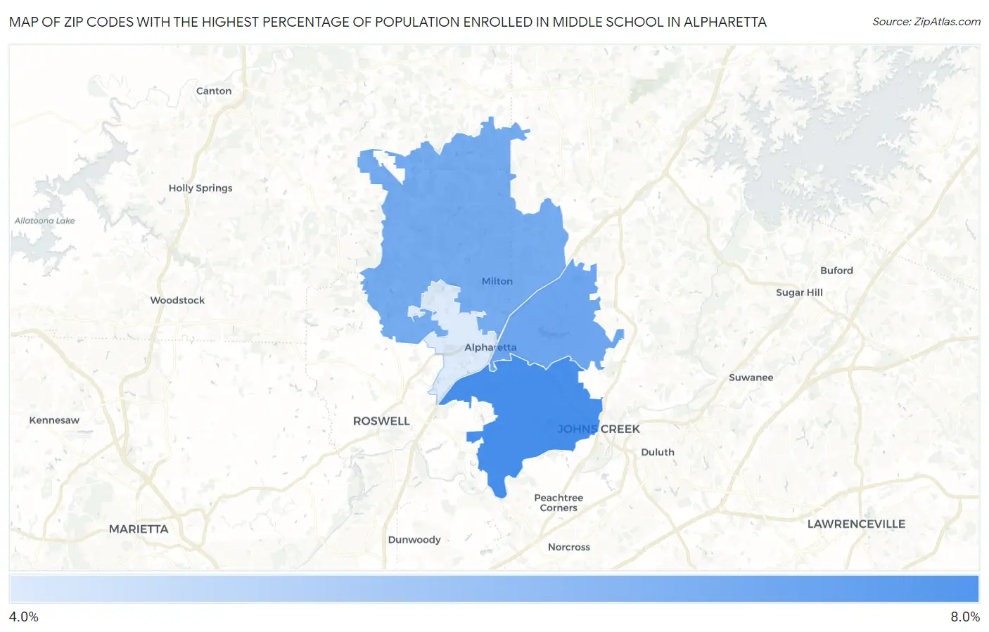 Zip Codes with the Highest Percentage of Population Enrolled in Middle School in Alpharetta Map