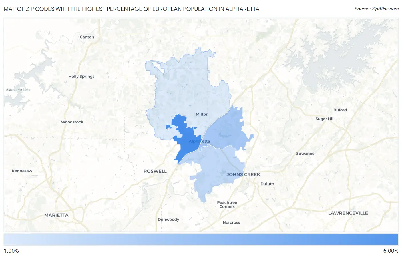 Zip Codes with the Highest Percentage of European Population in Alpharetta Map