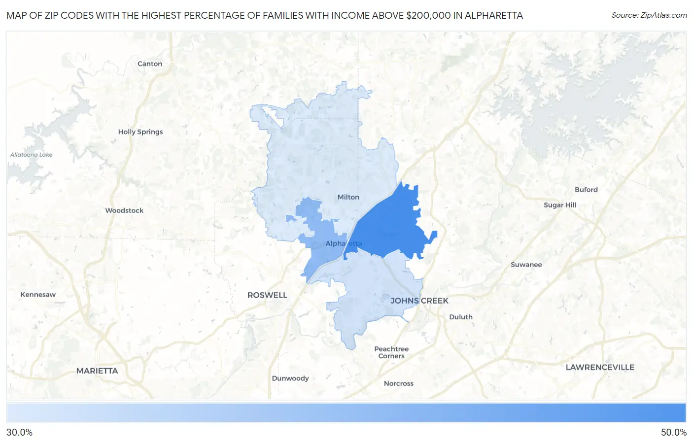 Zip Codes with the Highest Percentage of Families with Income Above $200,000 in Alpharetta Map