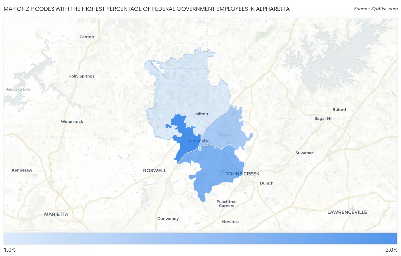 Zip Codes with the Highest Percentage of Federal Government Employees in Alpharetta Map
