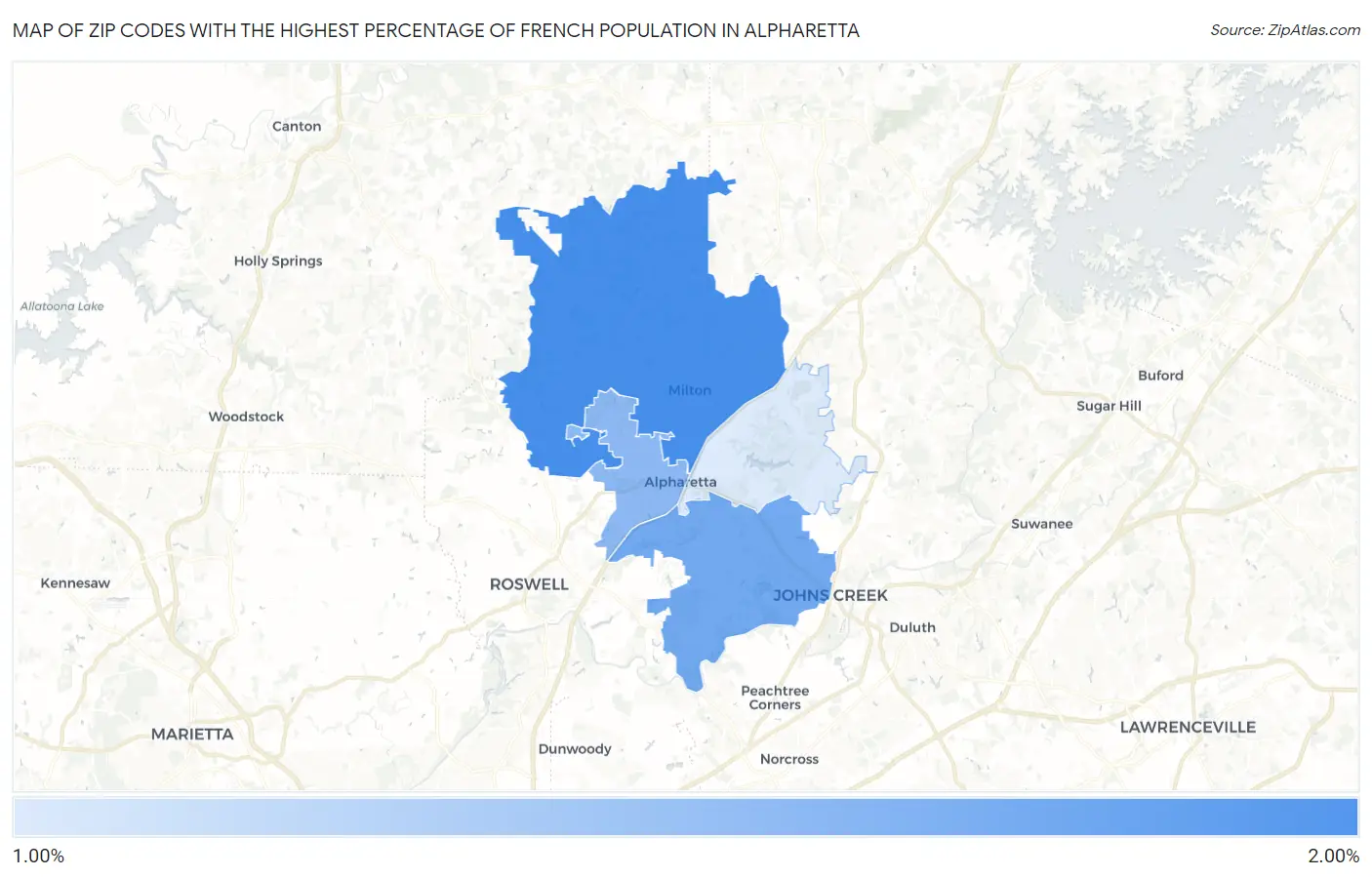 Zip Codes with the Highest Percentage of French Population in Alpharetta Map