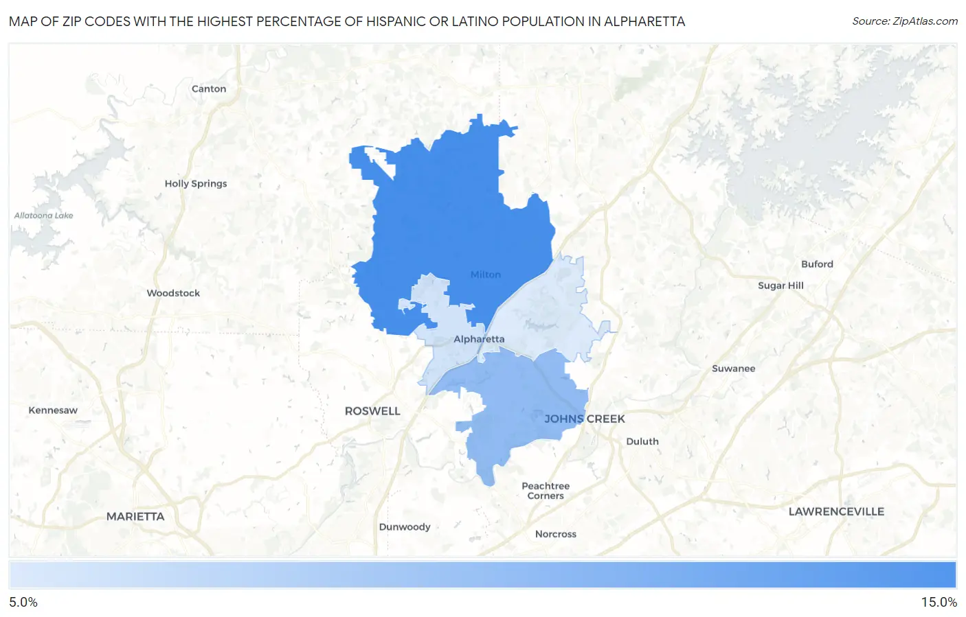 Zip Codes with the Highest Percentage of Hispanic or Latino Population in Alpharetta Map
