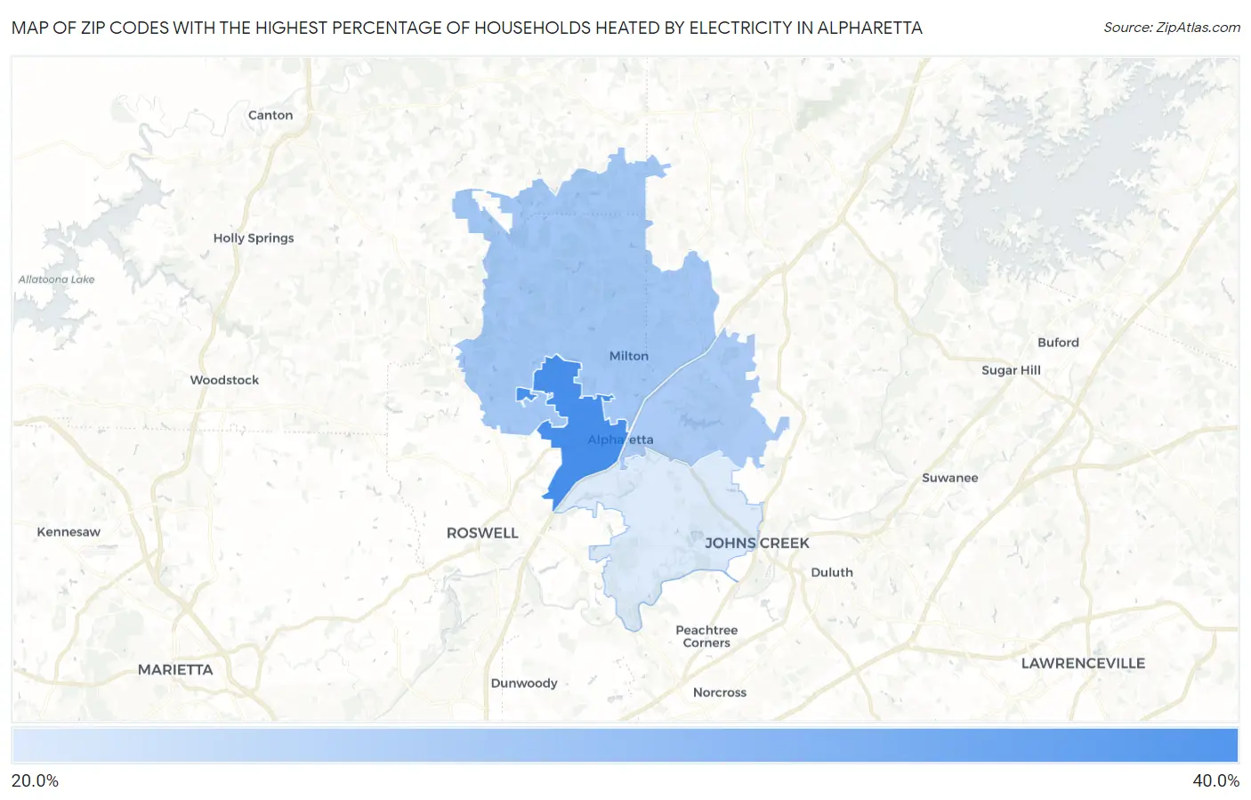 Zip Codes with the Highest Percentage of Households Heated by Electricity in Alpharetta Map