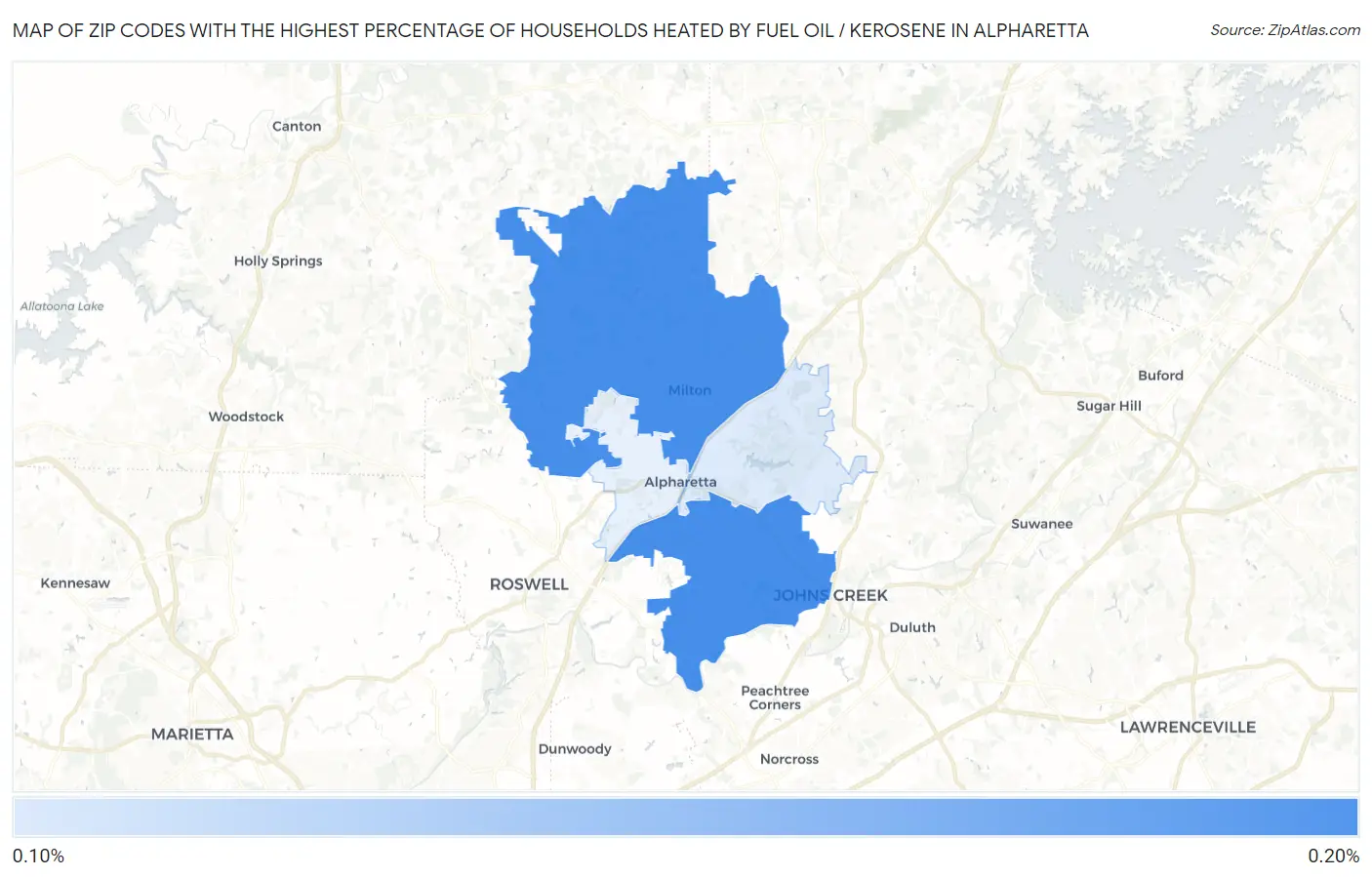 Zip Codes with the Highest Percentage of Households Heated by Fuel Oil / Kerosene in Alpharetta Map