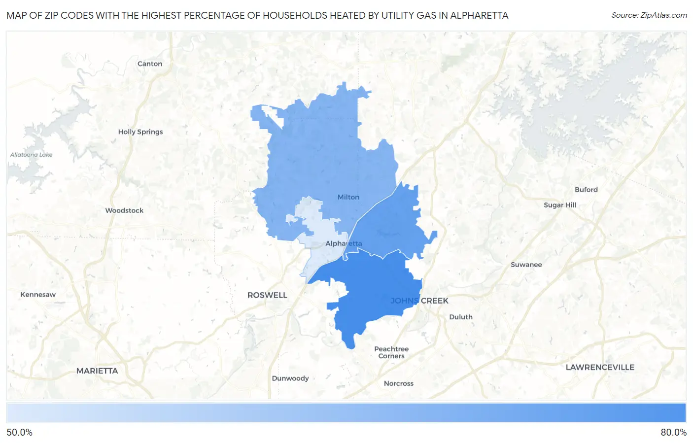 Zip Codes with the Highest Percentage of Households Heated by Utility Gas in Alpharetta Map