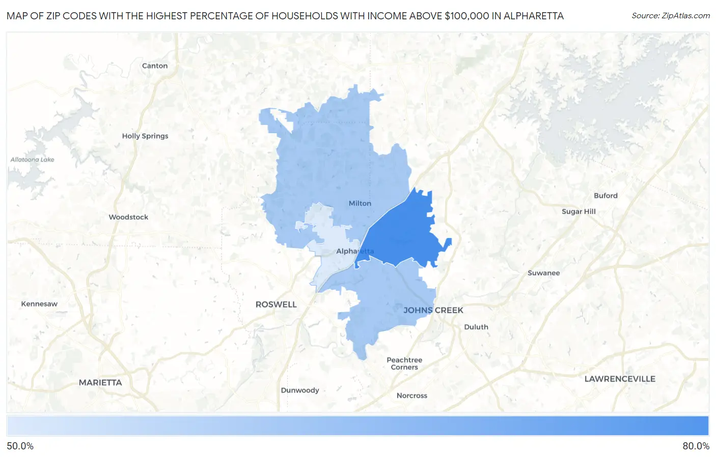 Zip Codes with the Highest Percentage of Households with Income Above $100,000 in Alpharetta Map