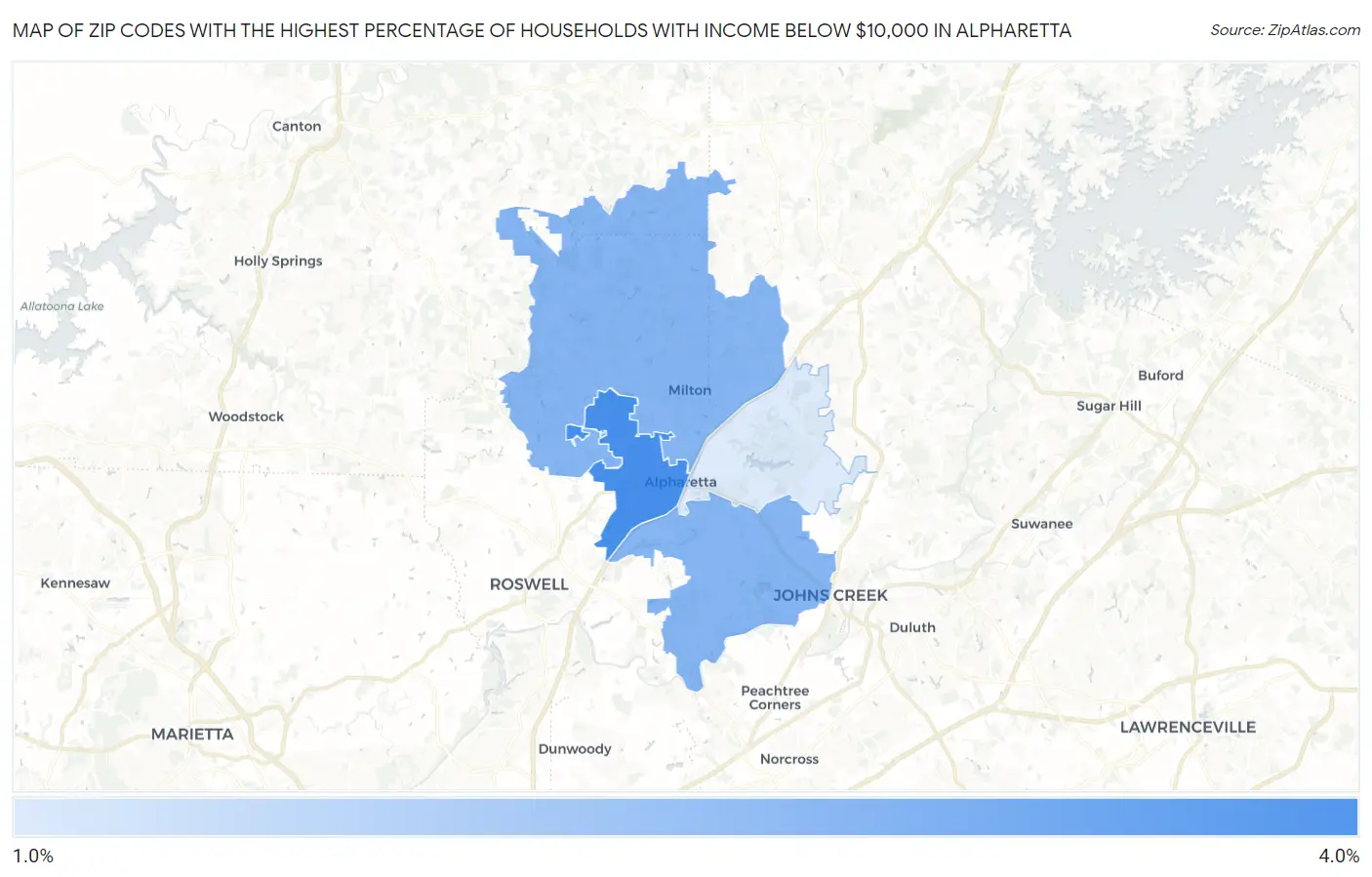Zip Codes with the Highest Percentage of Households with Income Below $10,000 in Alpharetta Map