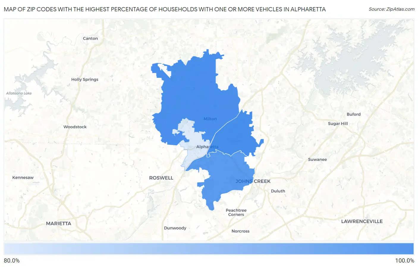 Zip Codes with the Highest Percentage of Households With One or more Vehicles in Alpharetta Map