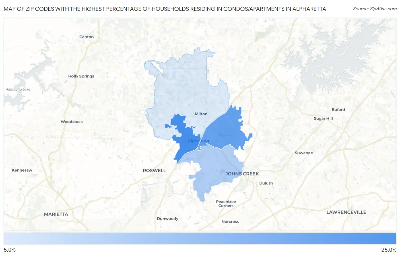 Zip Codes with the Highest Percentage of Households Residing in Condos/Apartments in Alpharetta Map