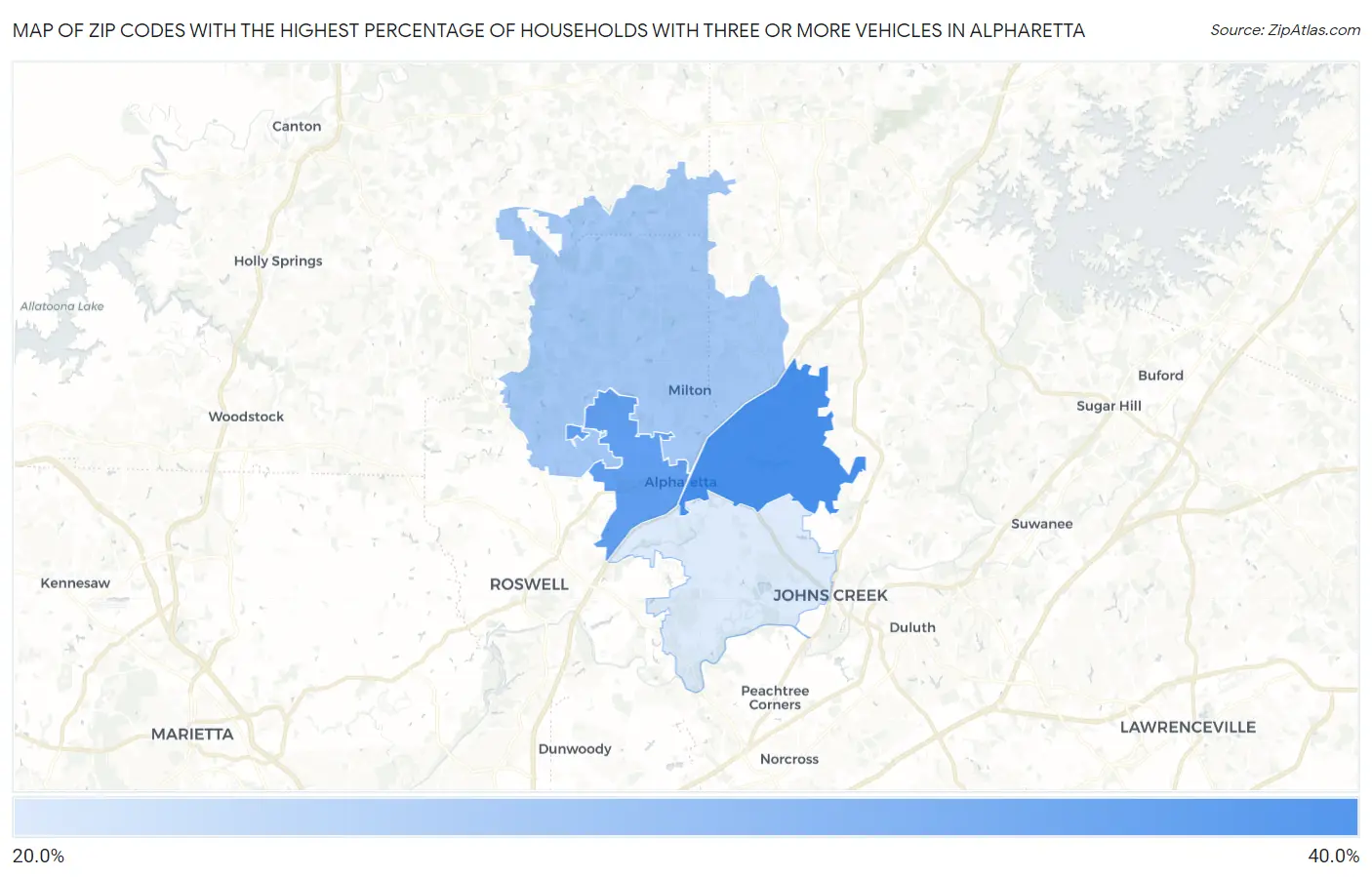 Zip Codes with the Highest Percentage of Households With Three or more Vehicles in Alpharetta Map